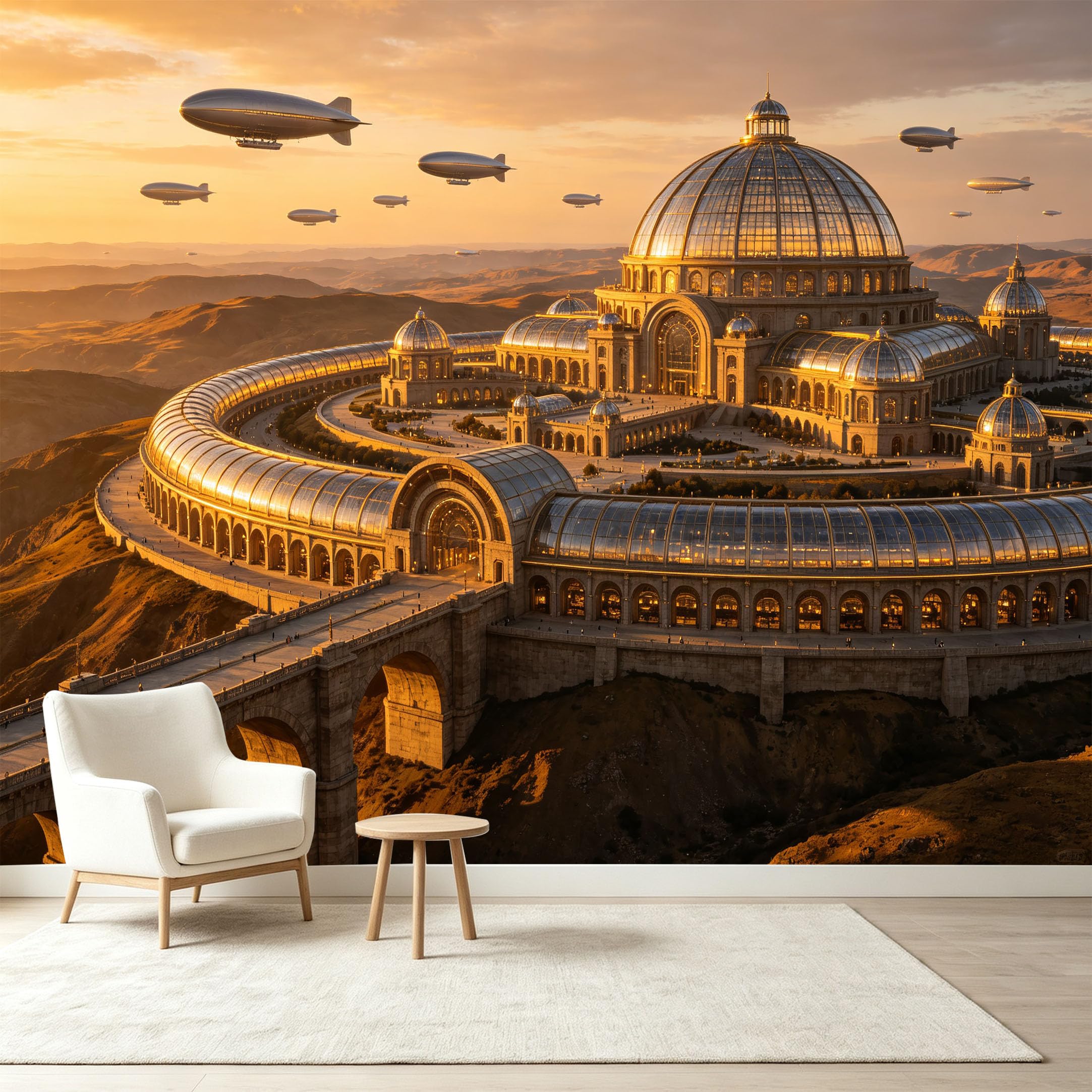 Custom Size Wall Murals Steampunk Futuristic Architecture Sunset Sky Airship Scenery Self-Adhesive Wall Fabric Removable Wallpaper Wall Decor for Living Room Bedroom Bathroom