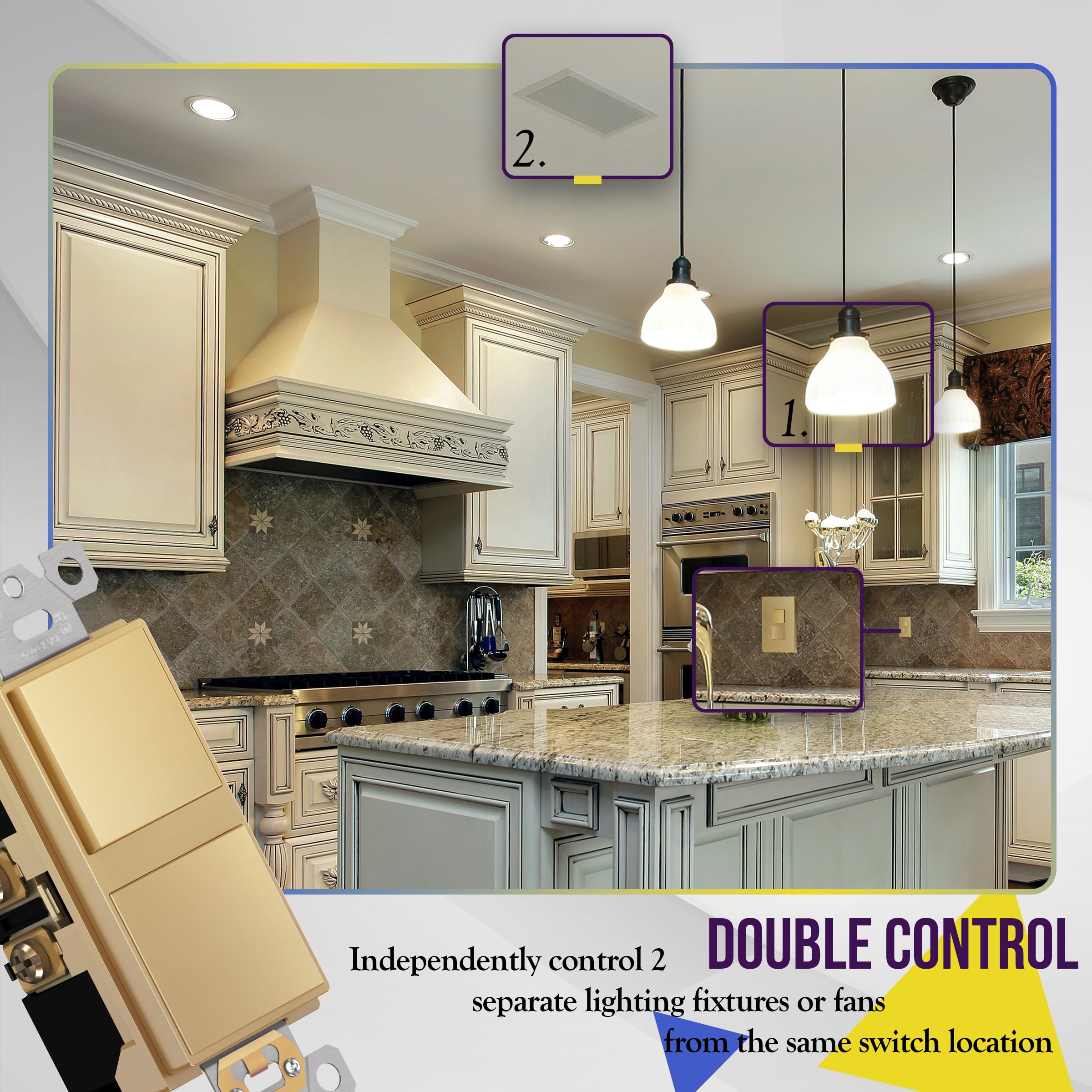 ENERLITES Elite Series Double Decorator Switch with Screwless Wall Plate, Combination Paddle Switch, Ground Terminal - Image 2