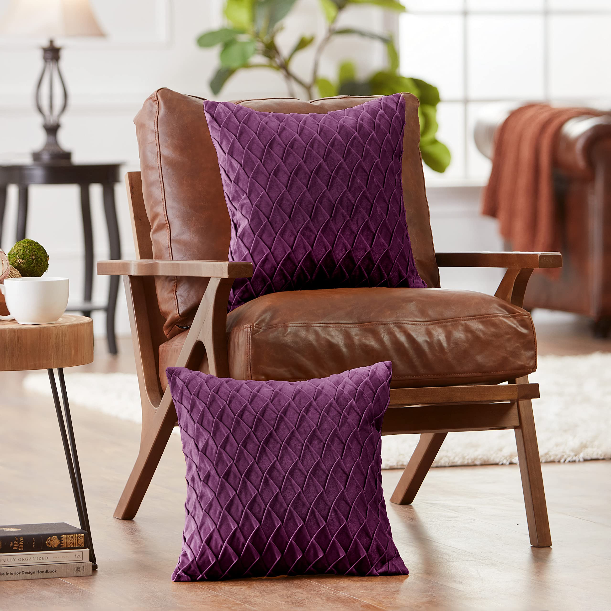 Chanasya Gem Textured Velvet Throw Pillow Cover - Bright and Colorful Super Soft Modern Decorative Home Decor for Sofa, Chair, and Bed (18x18 Inches) Plum 2 Piece Set