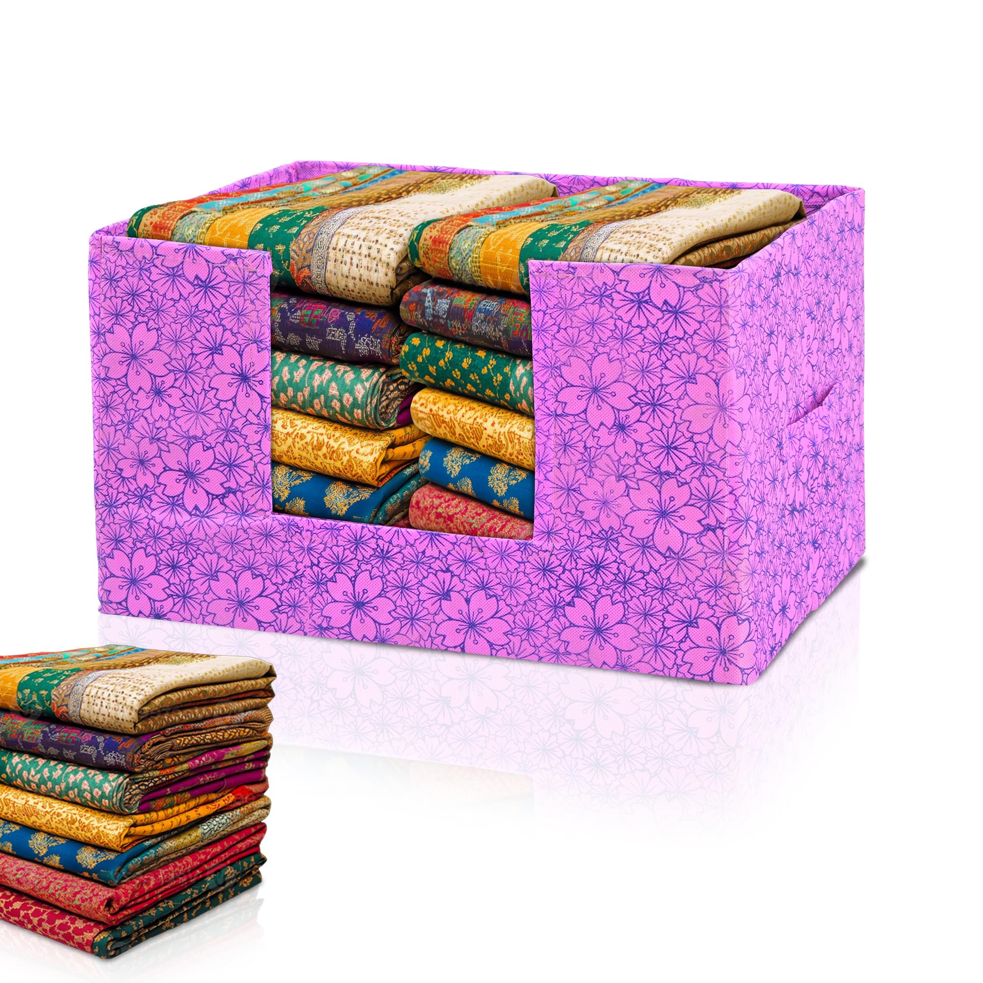 Kuber Industries Cloth Organizer for Storage Wardrobe | Closet Storage Organizer with Handle | Drawer Saree Box Organiser with Handle | Folding Storage Box for Clothes | Flower Design | Purple