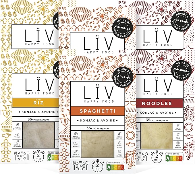 LÏV Happy Food - Riz de Konjac - Riz sans gluten - Konjac - Vegan, Gluten Free, Faible en calorie - Box de 6 paquets x 200g