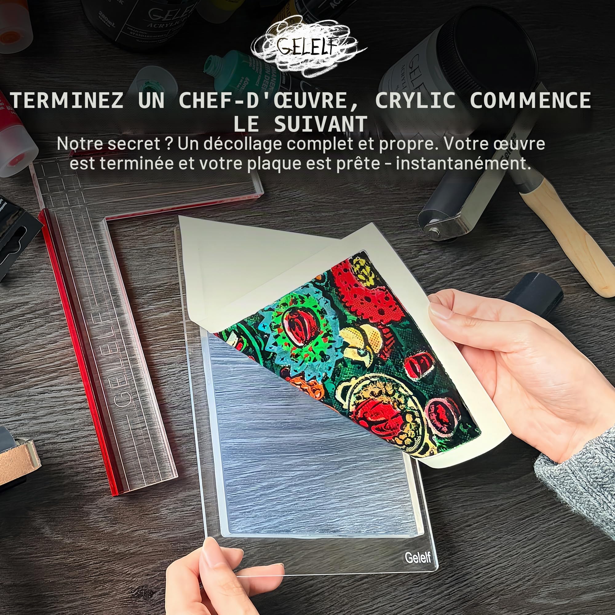 Kit de plaque d'impression gel – Plaque de gel de 12,7 x 17,8 cm avec bloc d'estampage en acrylique – La poignée pour un levage facile et une presse uniforme pour les débutants, les artistes