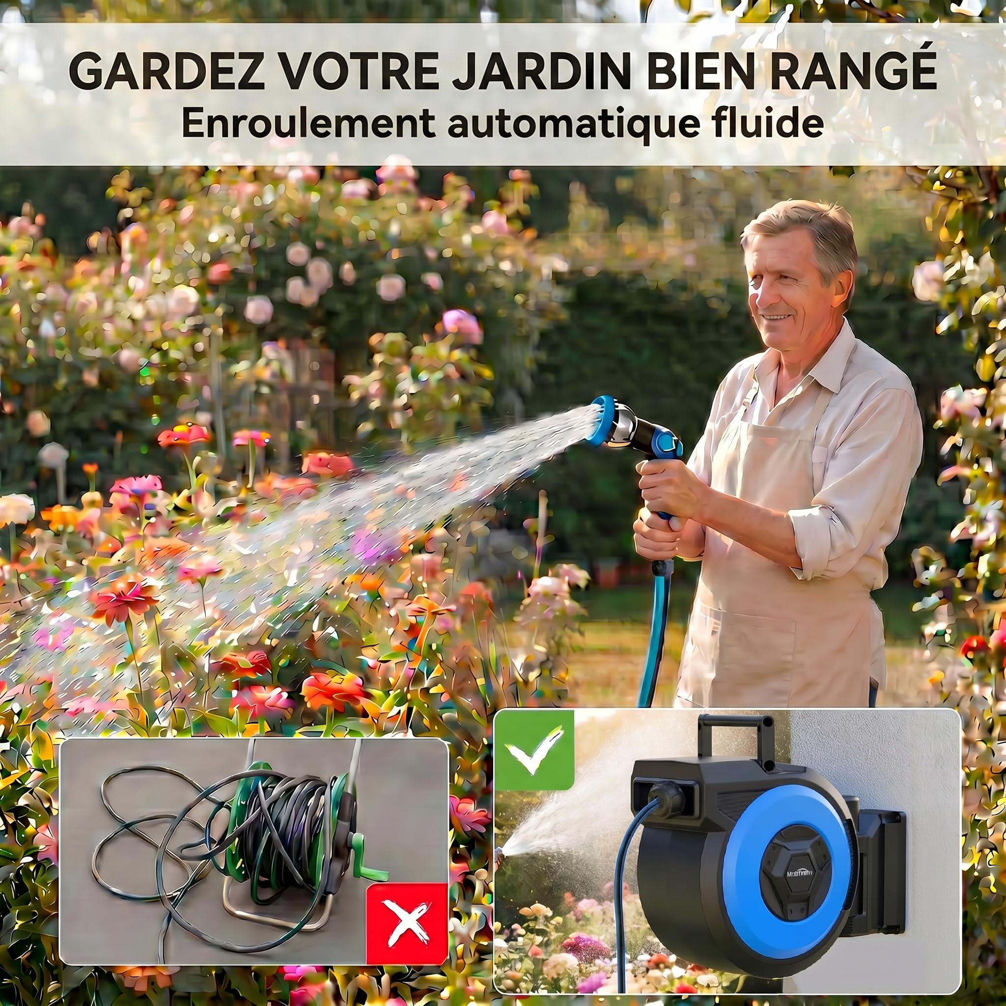 Himimi Enrouleur Tuyau d'Arrosage Rétractable 30m + 2m Mural Automatique, Enrouleur Auto-Rewind avec Pistolet Pulvérisation 10 Fonctions, Pivotant 180° pour Nettoyage & Arrosage Jardin | Rétractable, montage mural, enroulement automatique