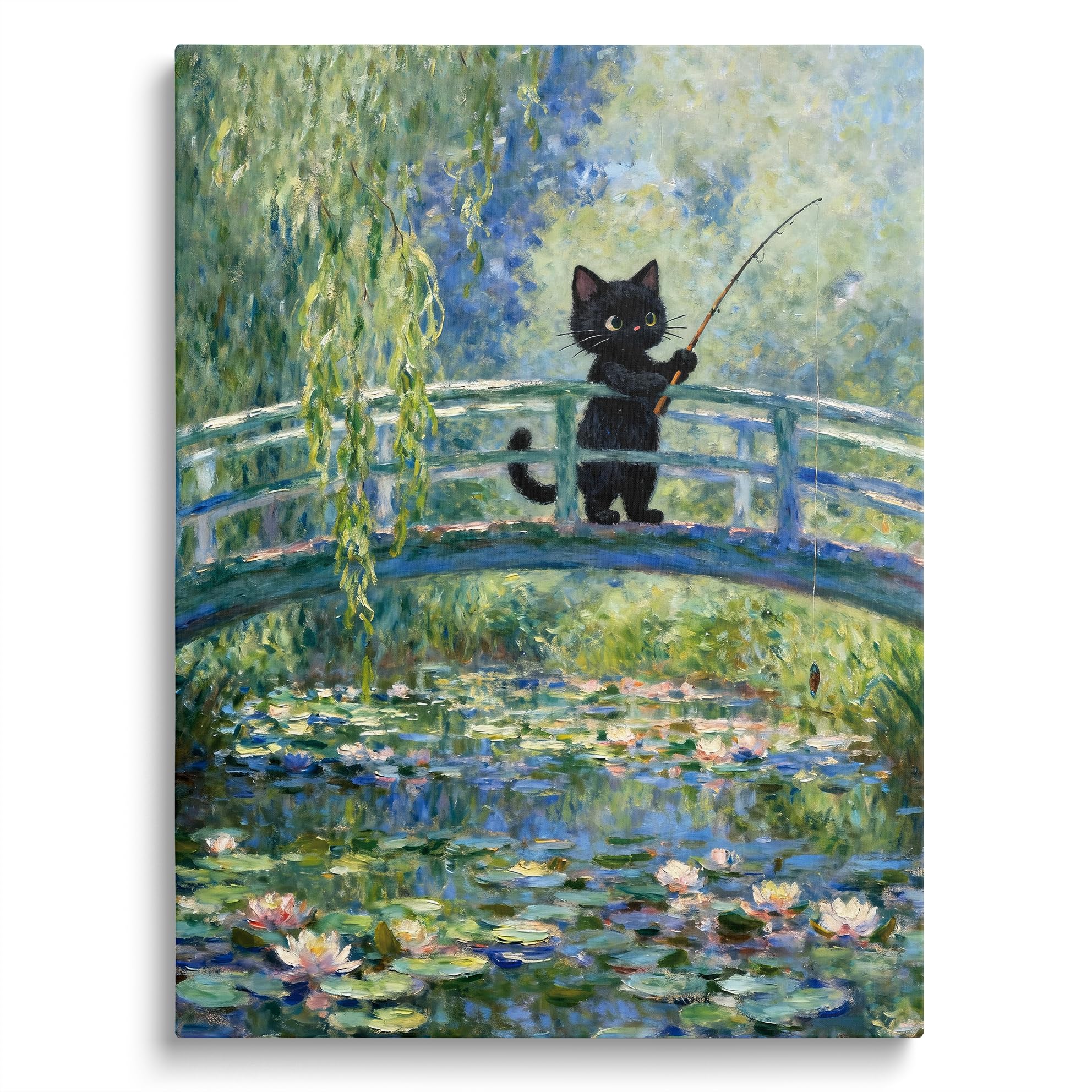 TimAsh Framed Monet Water Lilies Cat Wall Art, Vintage Canvas Art Wall Decor Funny Black Cat Aesthetic Posters Prints for Bathroom Bedroom Living Room Home Office Decorations 16L x 12W