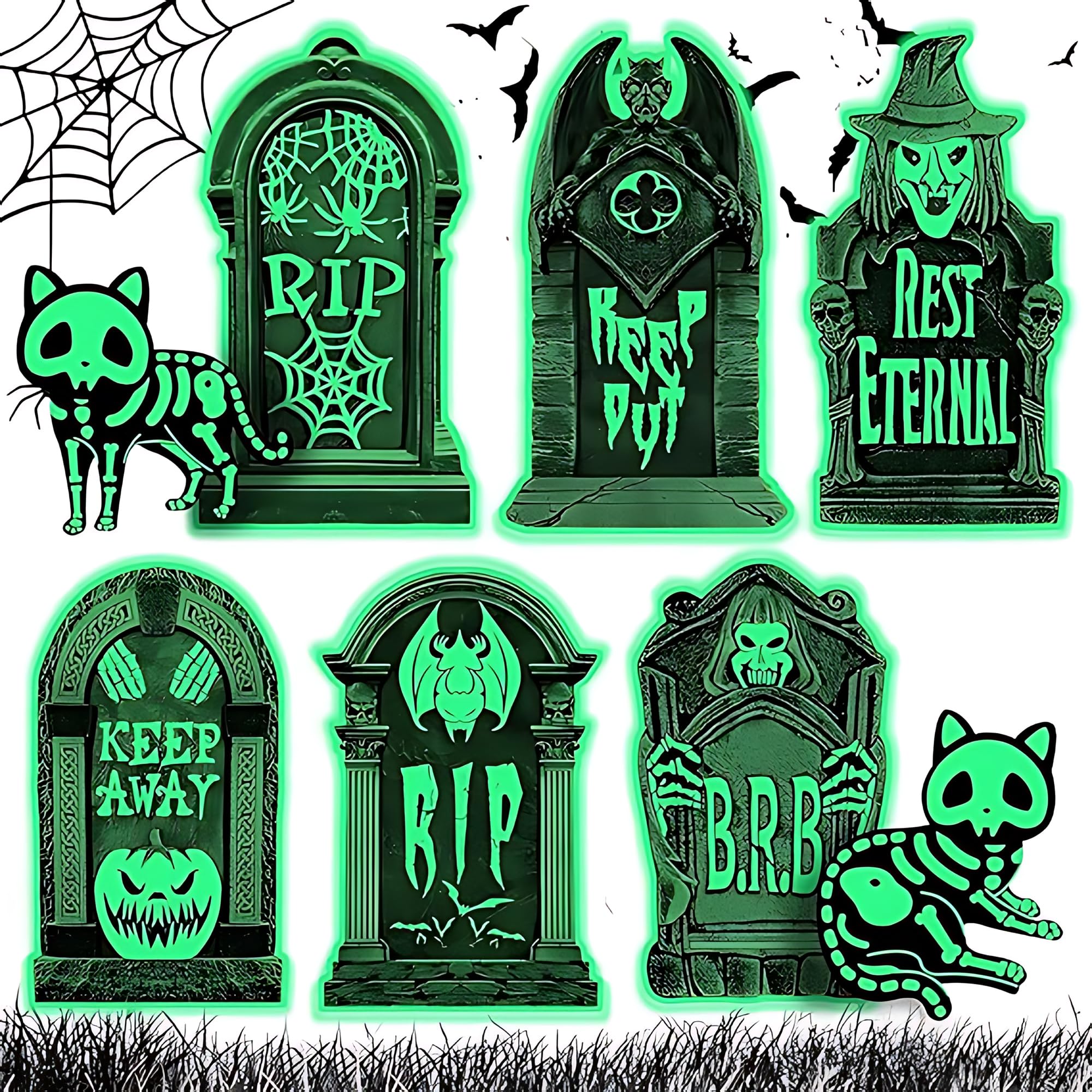 6 Pierres Pierre Tombale Halloween Fluorescence, 2 Pierres Chat Fluorescent, pour Pelouse de Lardin, Événements d'Halloween, Carnavals, Labyrinthes