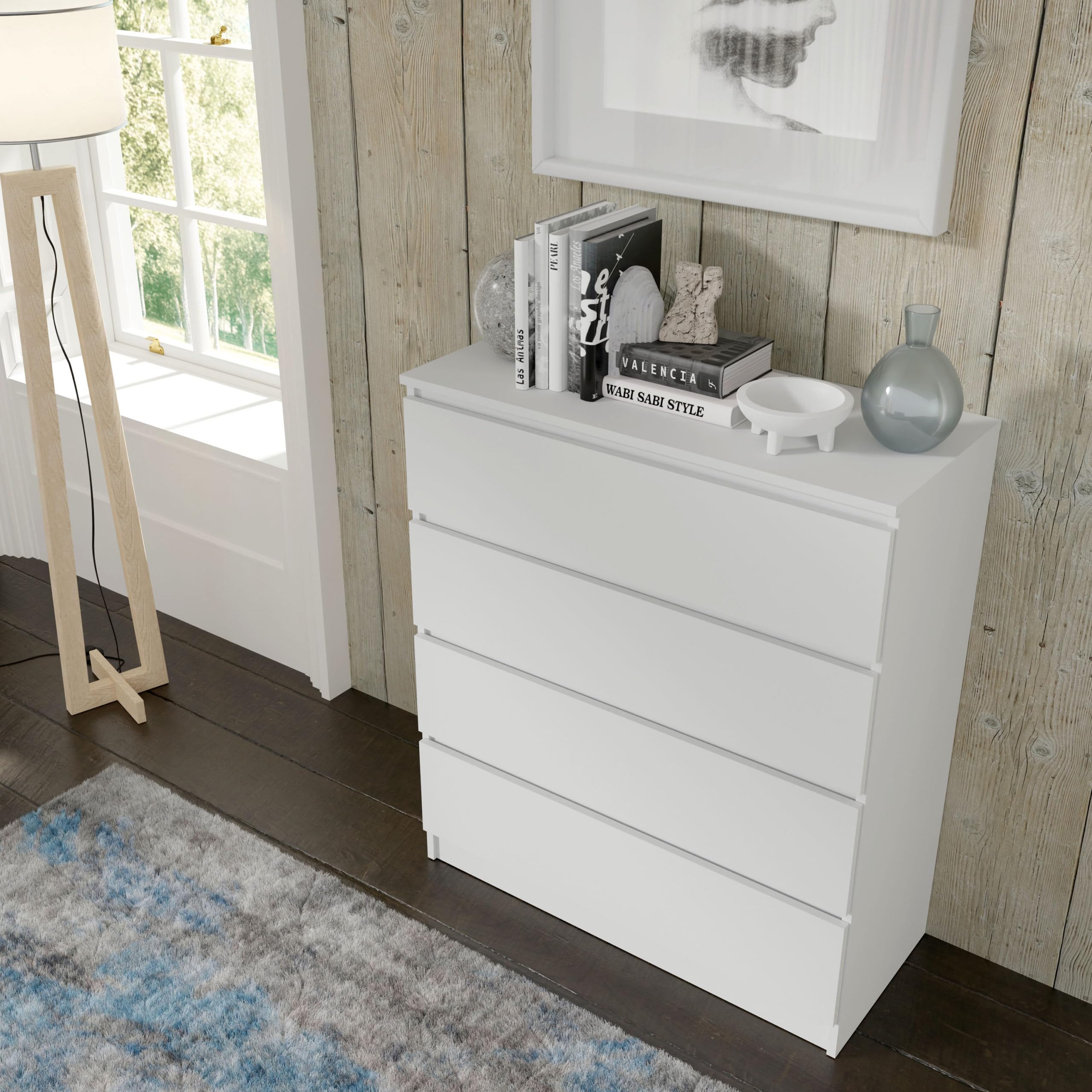 Homlando Cassettiera senza maniglie, cassettiera con 4 cassetti, stabile soggiorno, camera da letto o ufficio, Maia, 40 x 90 x 104 cm, bianco opaco