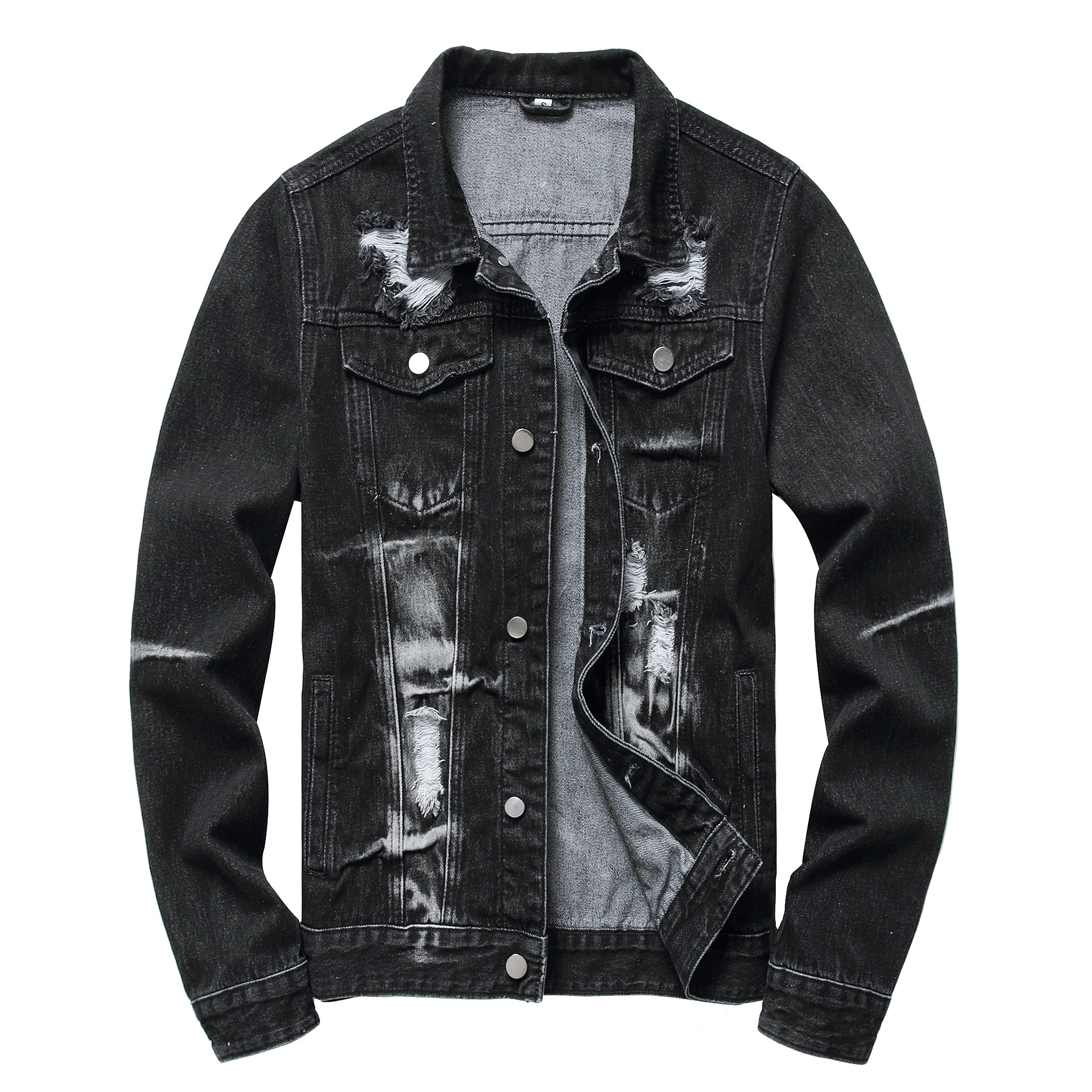 LAMKUKU Mens Denim Jacket Ripped Slim Jean Jacket Coat for Men