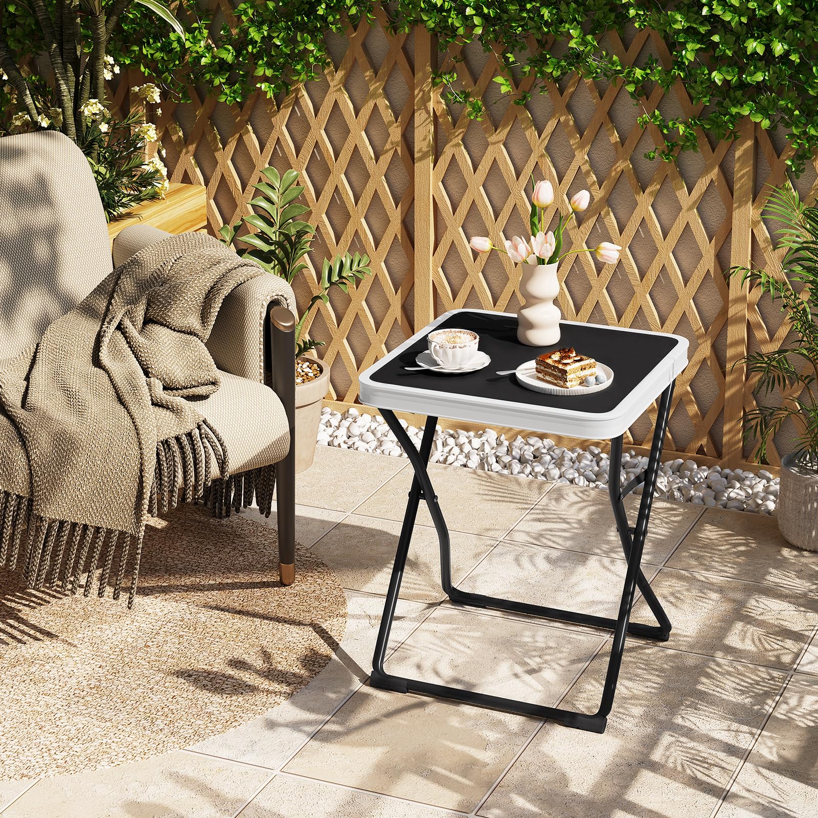 eSituro Table Pliante 2 en 1 d'Appoint avec Plateau Amovible, Tabouret Portable pour Camping Extérieur, 40,5x40,5x50cm, Noir