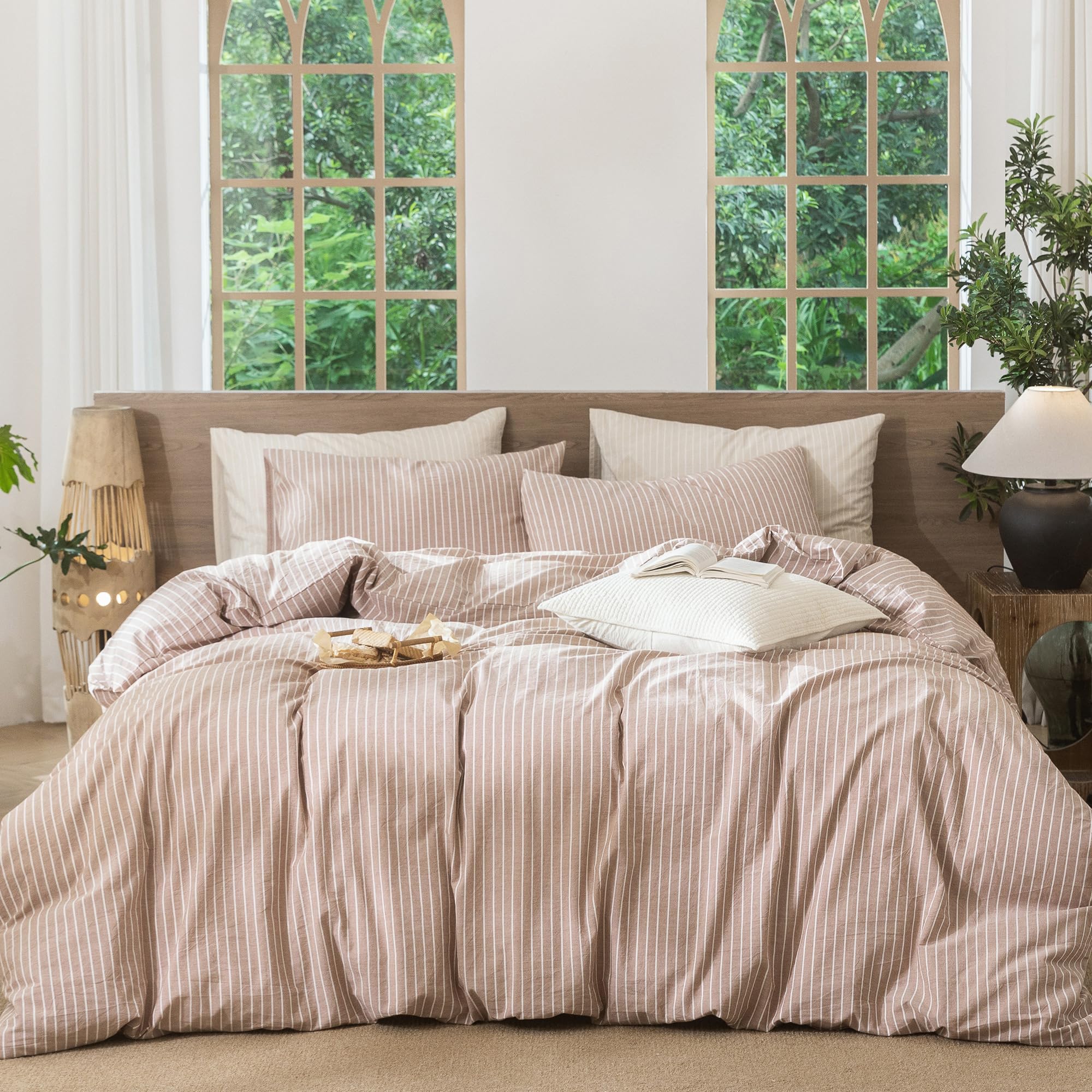 MooMee Striped Duvet Cover Set 100% Washed Cotton Linen Like Full