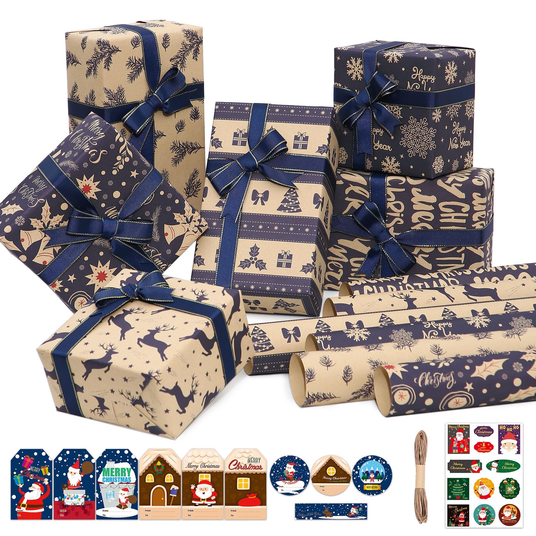 Lot De 6 Feuilles Papier Cadeau Noël Kraft Bleu Marine Marron - Avec étiquettes Et Ficelle - 6