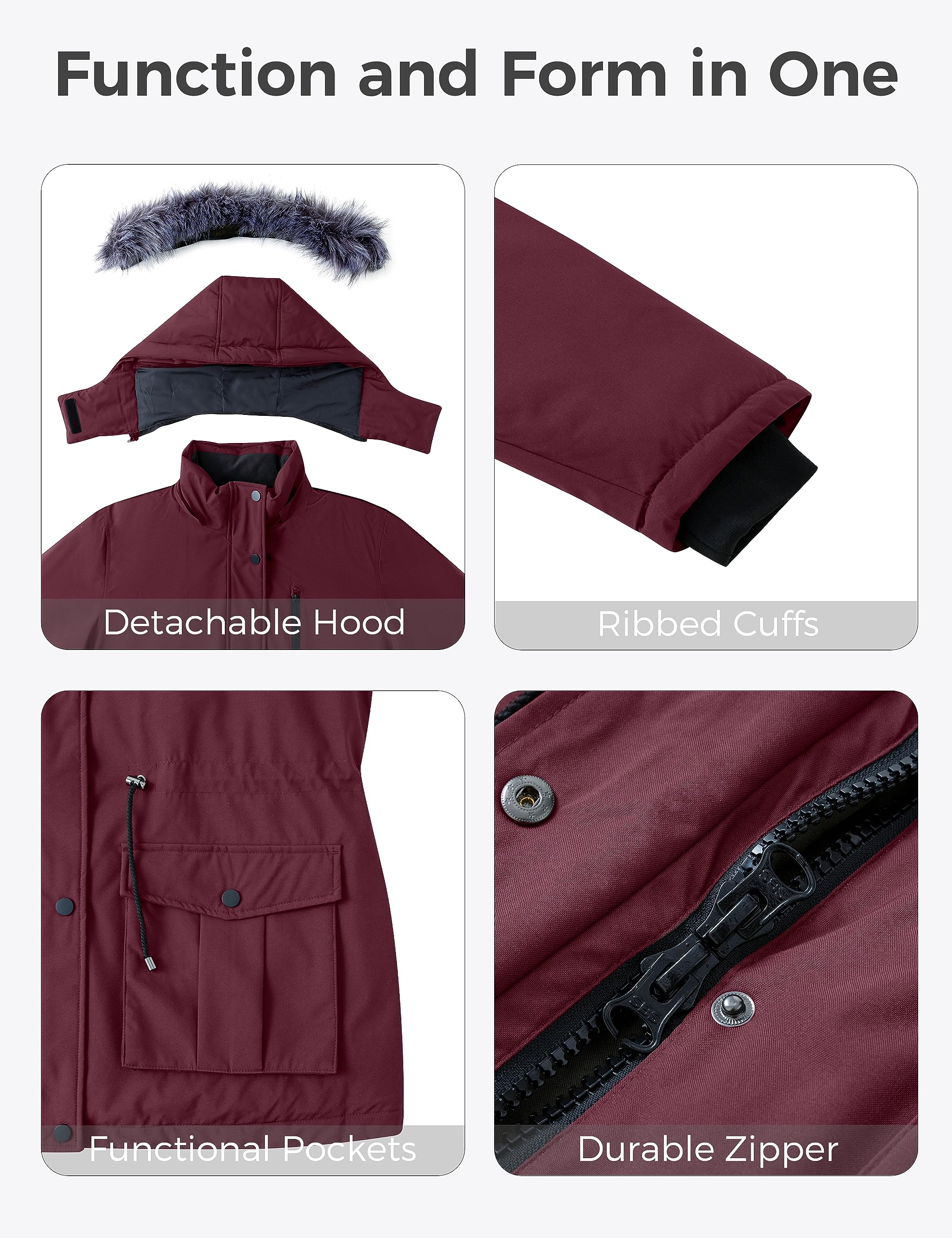 wantdo Manteau d'hiver imperméable pour femme - Parka chaude et épaisse avec capuche amovible