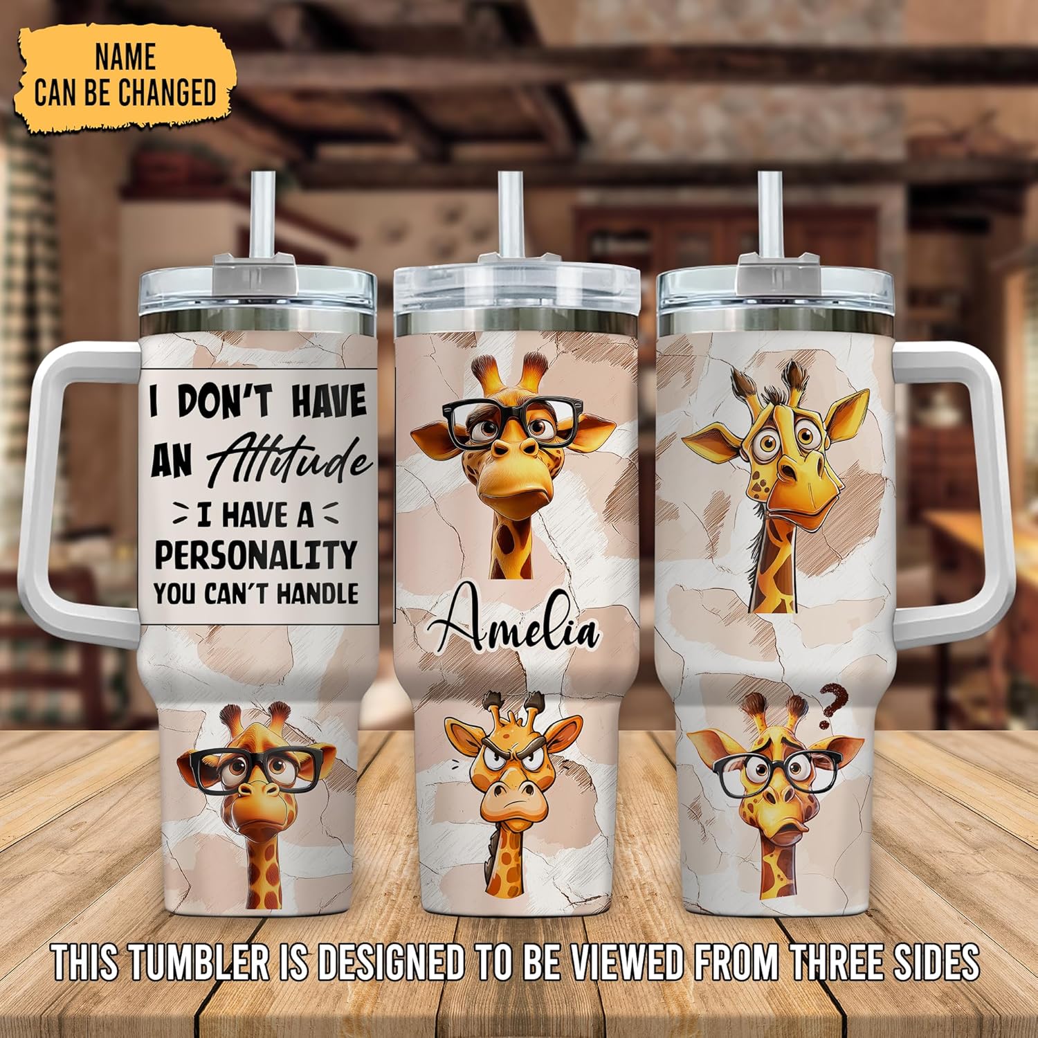 Hyturtle Personalized Funny Giraffe 40oz Tumbler with Handle & Straw Gifts for Women, Mother's Day Birthday Gifts for Lovers, Sarcastic Giraffe Gift, Custom Name Stainless Steel Travel Cup With Lid - Image 2