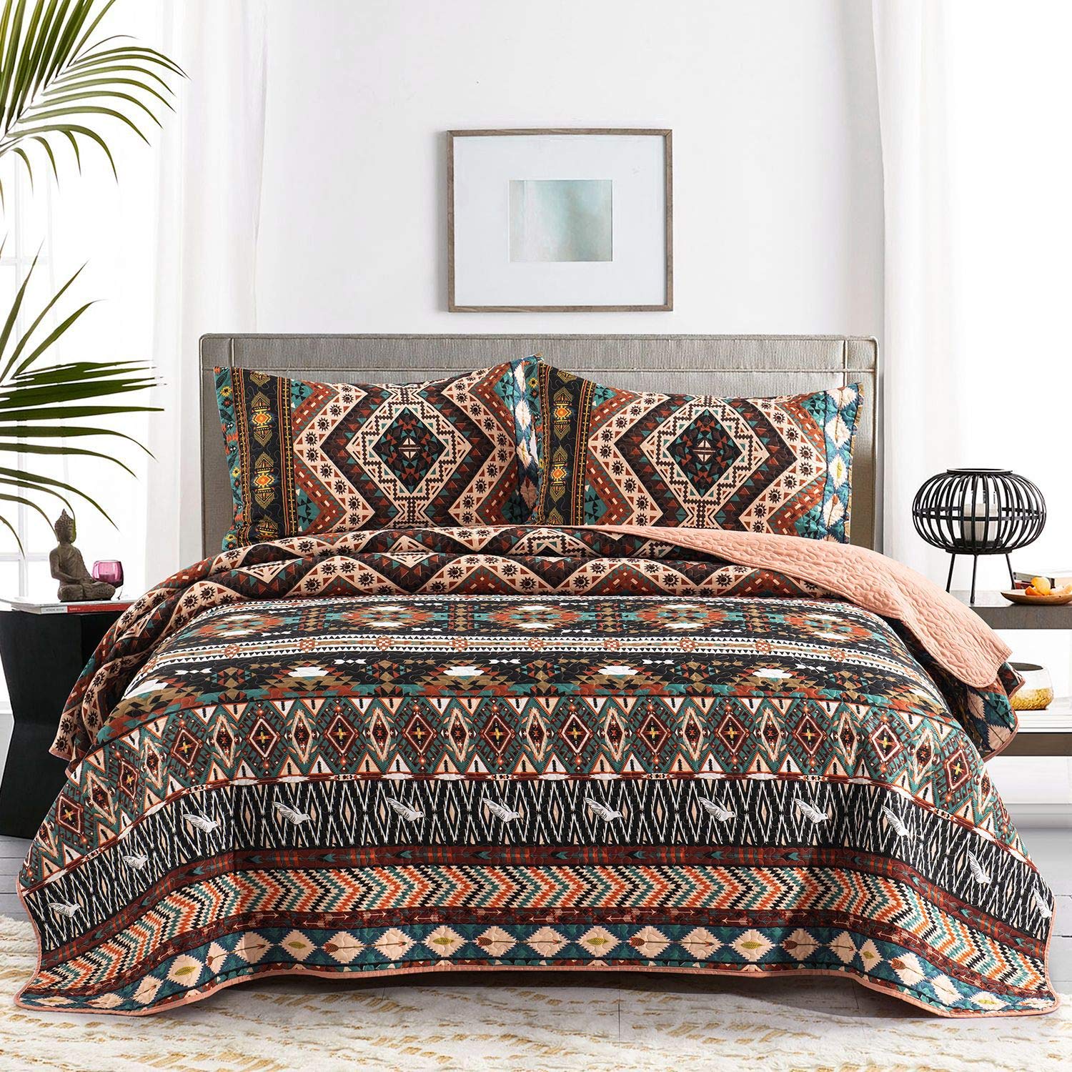 Boho King Quilt Set, Southwestern Design Quilted Coverlet with Birds Pattern Print, Soft Microfiber Bedspreads 96"x106" with 2 Pillow Shams - Lightweight Design for All-Season