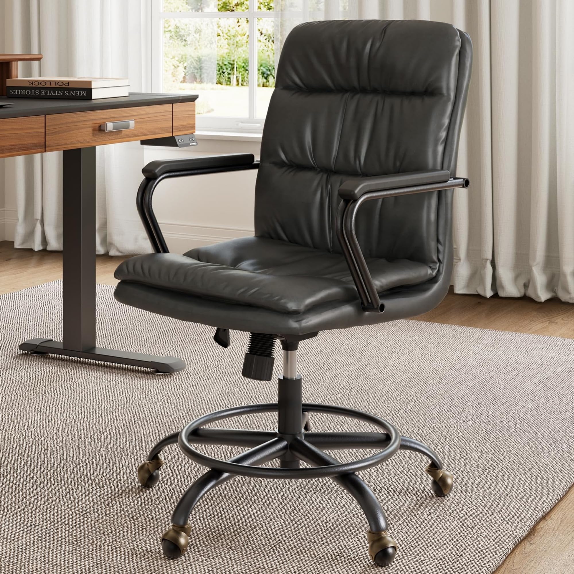 EUREKA ERGONOMIC Mid Century Vintage Office Desk Chair, PU-Leather Swivel Computer Chair with Arms and Wheels, Comfy Extra Padded for Home Office/Bedroom/Work/Study (Vintage Grey)