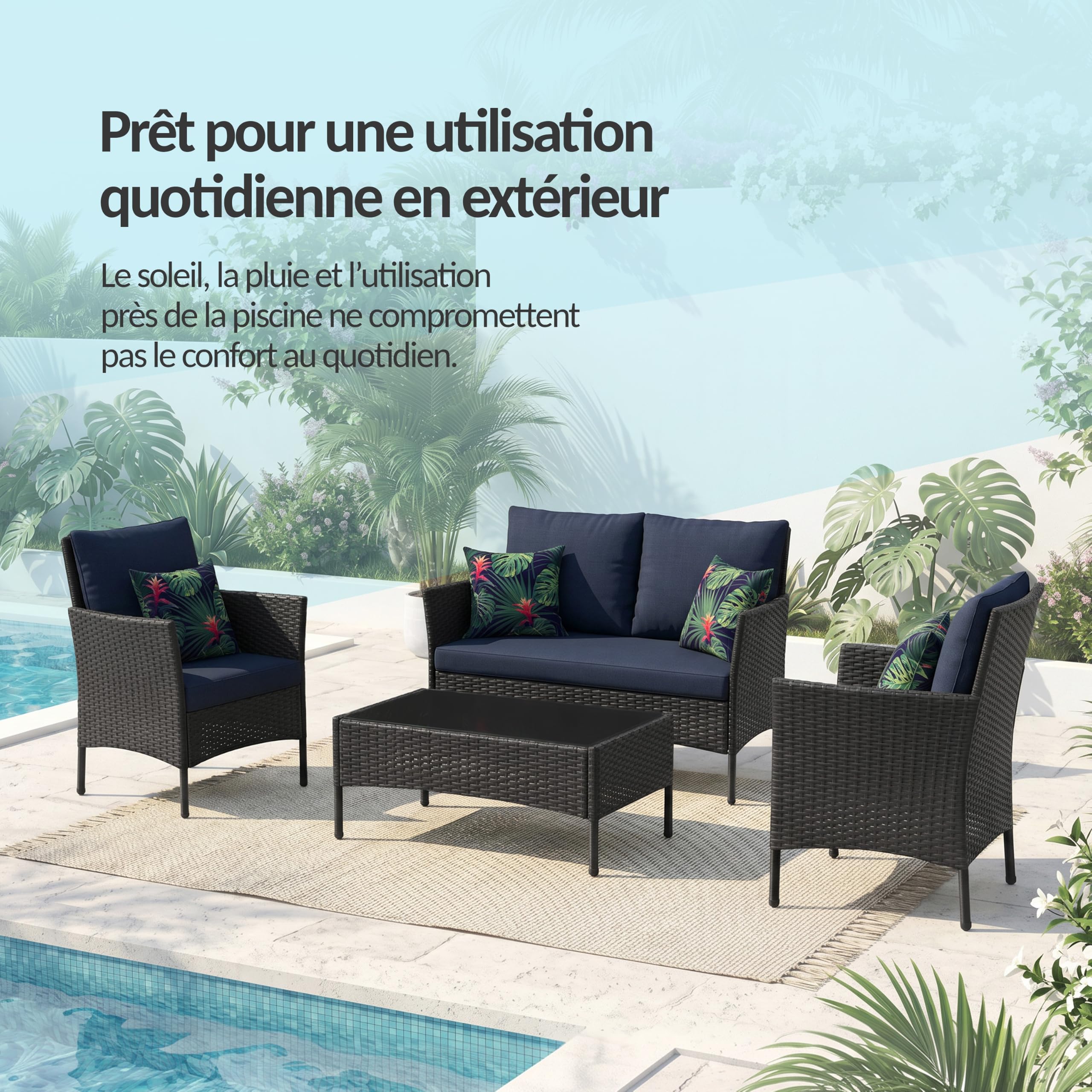 POKAR Salon de Jardin Rotin Gris avec Coussins Assise et Dossier Beige