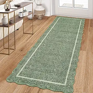 GarveeHome Scalloped Washable Runner Rug 2x6 Runner Modern Non Slip Kitchen Rugs Farmhouse Entryway Rug Soft Bathroom Rugs Stain Resistant Carpet for Laundry Bedroom 2'x6' Greyish Green