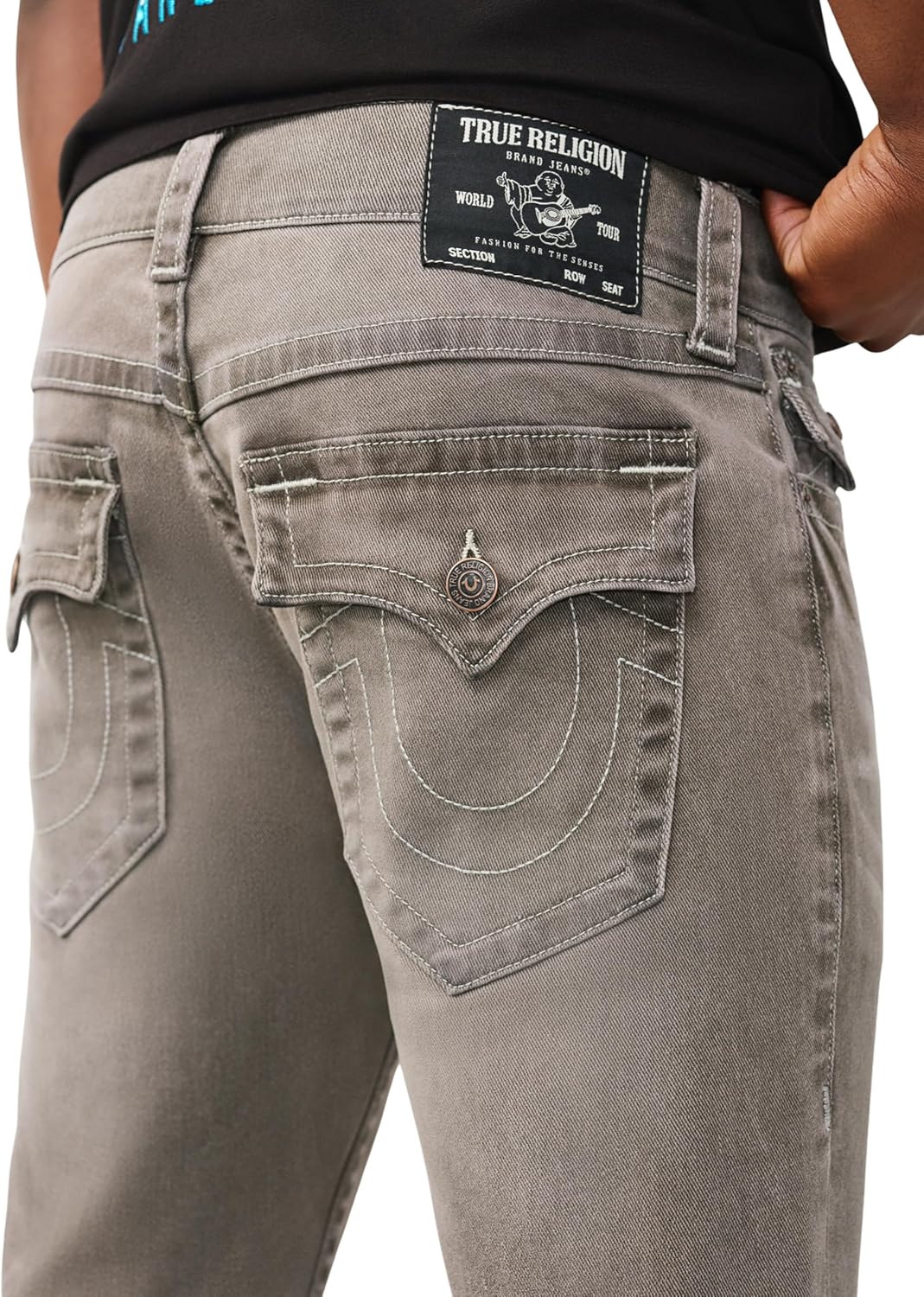 True Religion Men’s Ricky Frayed Hem Denim Short – Relaxed Fit, Horseshoe Detailing, Raw-Cut Hem – Plankton Grey Wash, 28