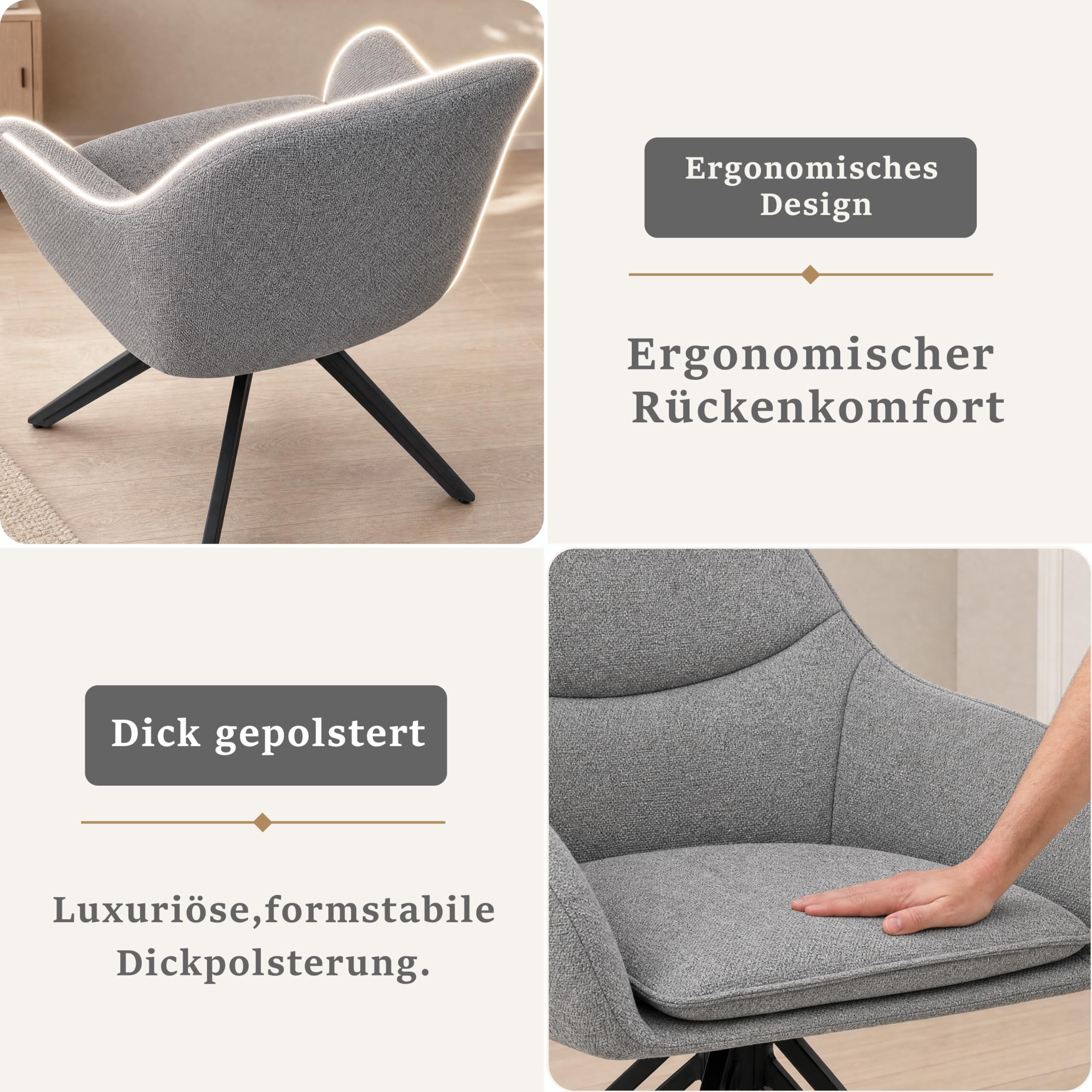 Esszimmerstühle Drehbar 6er Set mit Armlehne, Drehstuhl Esszimmer, Polsterstuhl, 360° drehbar, Küchenstuhl mit Metallbeine für Esszimmer, Büro, Taubengrau