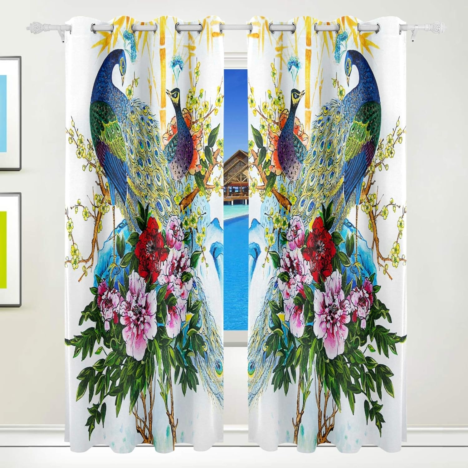 MNSRUU Room Darkening Window Curtain 2 Panels, Vintage Peacock and Rose Blackout Curtains with Grommets for Bedroom Living Room, 84 inch Length MNSRUU Room Darkening Window Curtain 2 Panels, Vintage Peacock and Rose Blackout Curtains with Grommets for Bedroom Living Room, 84 inch Length