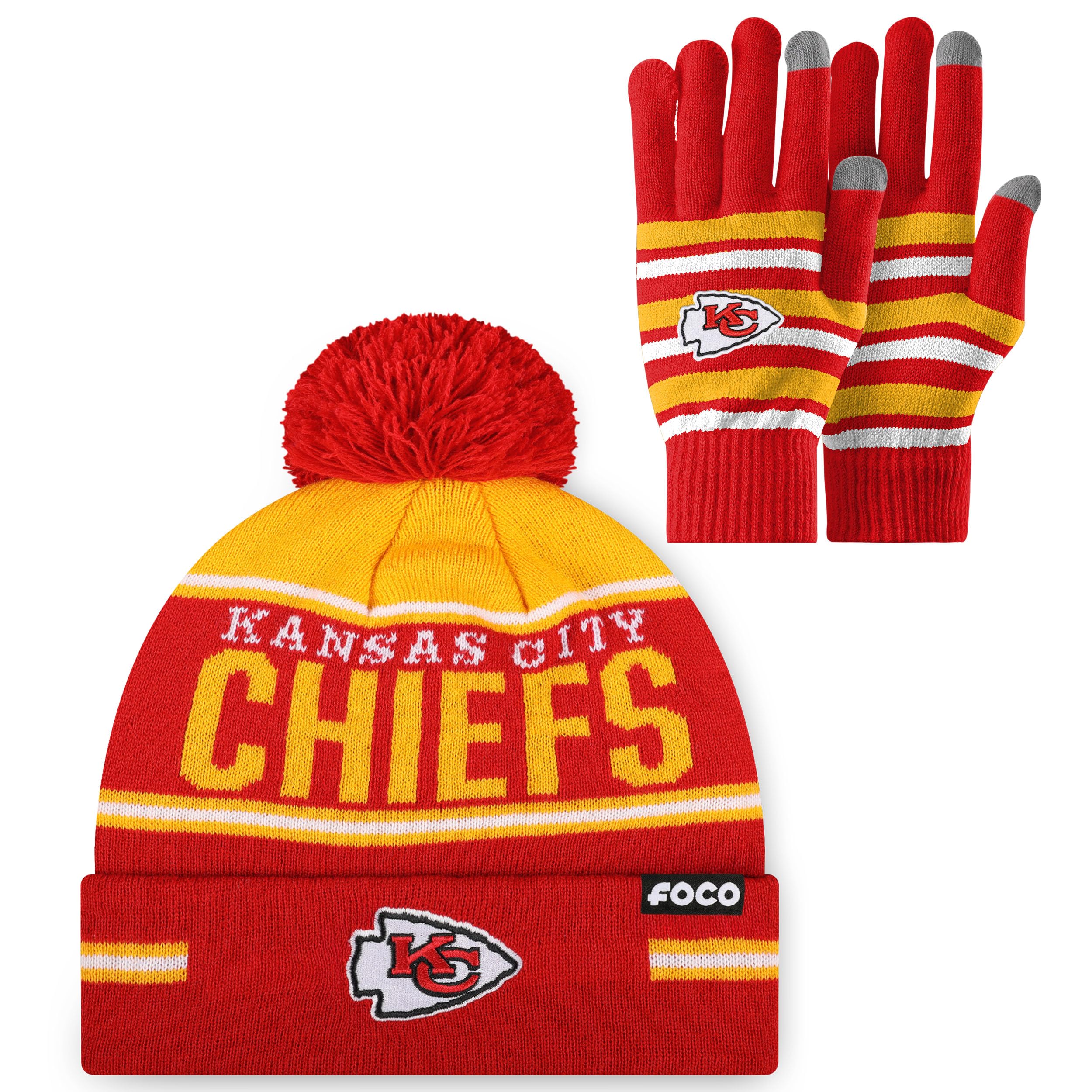 FOCO NFL unisex-adult Nfl Team Logo Adult Stretch Gloves With Big Wordmark Strip Pom Knit Hat Beanie Set