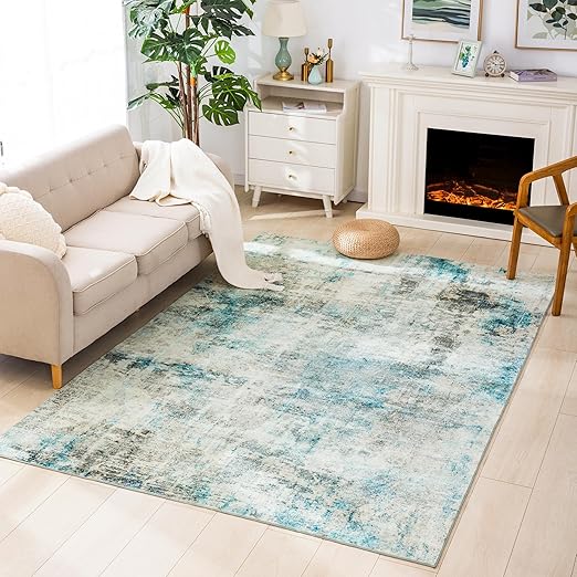 Carvapet 6x9 Large Rugs for Living Room Bedroom Kids Room, Washable Teal Modern Abstract Low Pile Carpet with Rubber Backing, Foldable, Non Slip Thin Area Rug, Ultra Soft