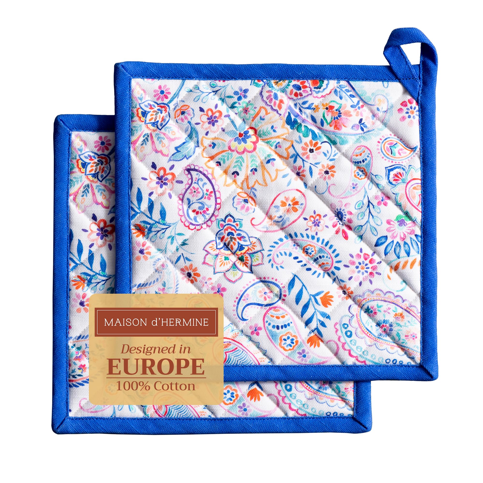 Maison d'Hermine Topflappen-Set, 100% Baumwolle, hitzebeständig, 20 cm x 20 cm, mit Schlaufe zum Grillen, Backen und Anfassen heißer Pfannen, Frühjahr Sommer (Indian Floral, 2er-Pack)