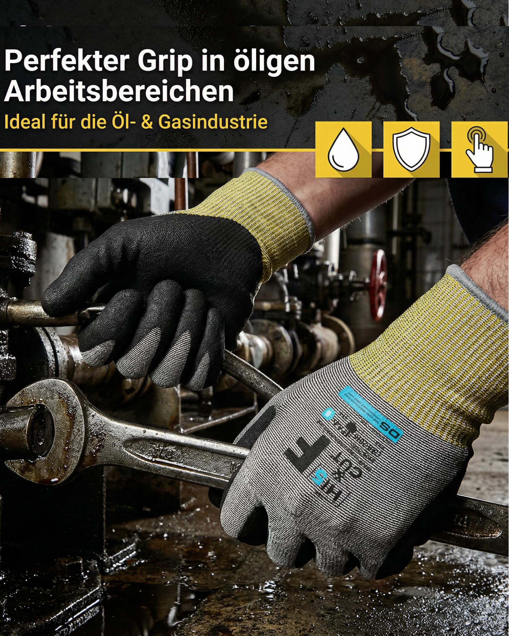 Hi5 DS SafetyWear X-Cut Schnittschutzhandschuhe 4X43F – 15G HPPE/Nylon/Spandex – Nitril-Mikroschaum-Beschichtung – Schnittschutz Level F – EN 388 – schwarz/gelb (L, 120, stück)