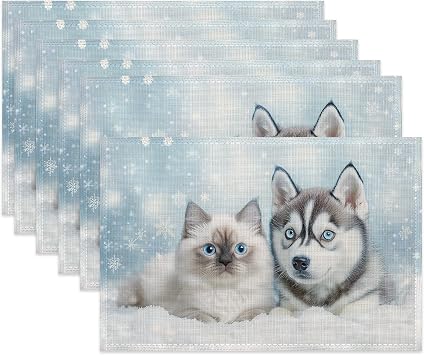Cute Cat Dog Table Placemats Set of 6,Non-Slip Winter Snow Fabric Placemats for Dining Room Kitchen Party Holiday, Indoor Cloth Table Mats for Home Decor 11.8x17.7 Inch