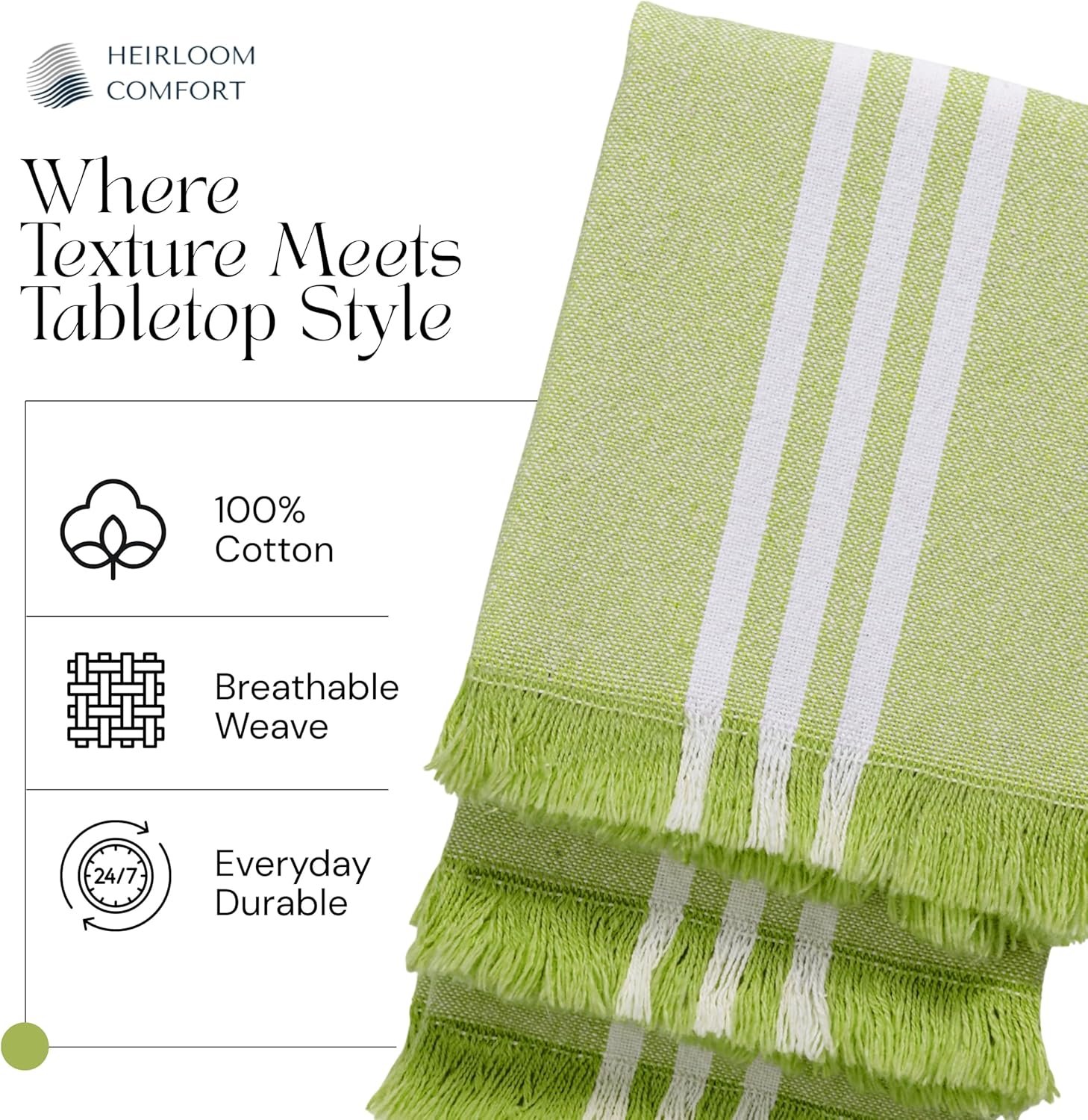 5 Pack Monochrome Stripe Kitchen Towels, Fringed Edges, 16x26 Inch, 100% Cotton, Lint-Free, Absorbent & Washable Dish Towels for Drying Dishes, Everyday Kitchen Use, Lemon Green