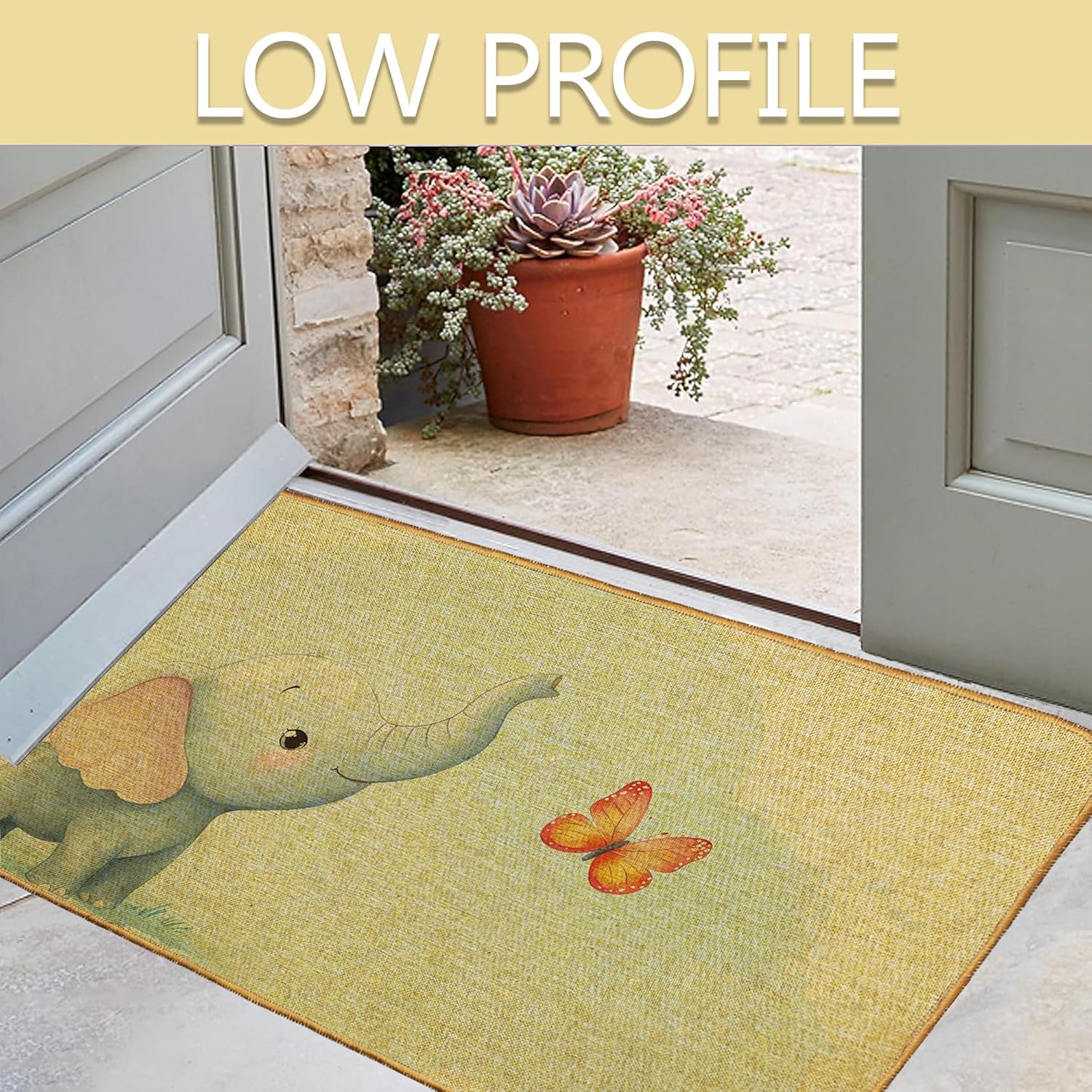 Elephant Butterfly Door Mat, Home Entrance Low Profile Kawaii Welcome Doormat, Indoor Decor for Front Door 30x17 Inch, Summer Garden Patio Decor