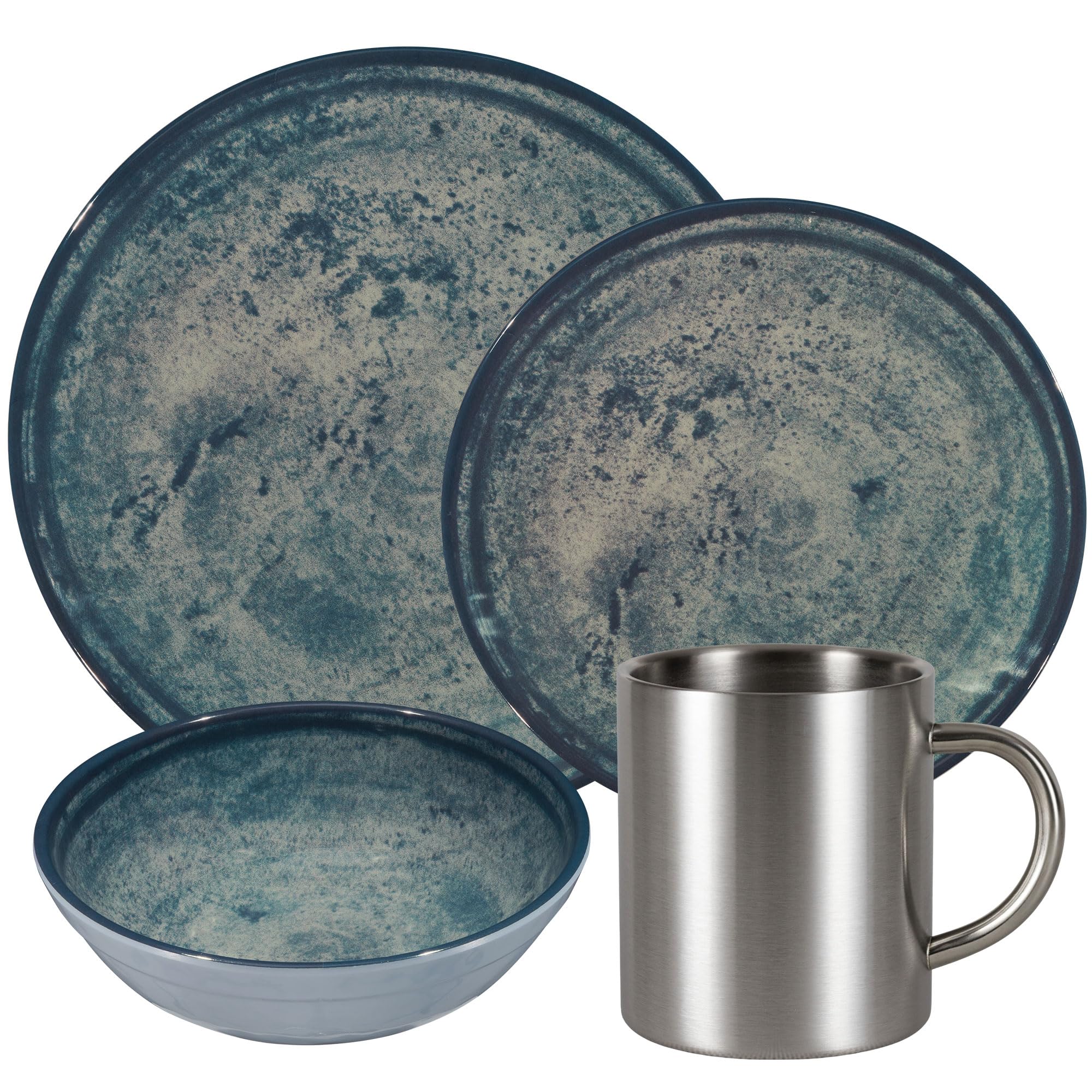 Melamin Geschirr Set Mondgranit Blau-Grau Edelstahl Thermo Tassen Garten