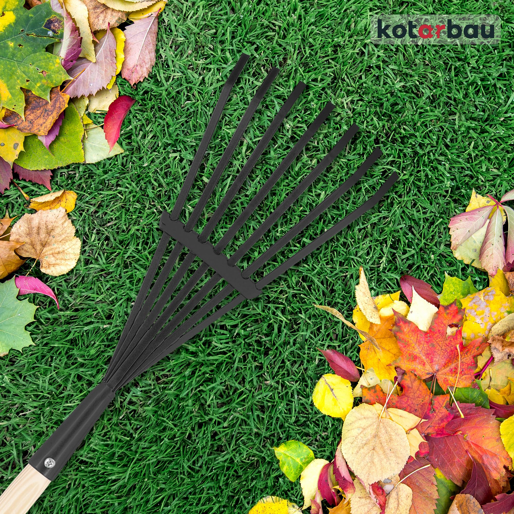 KOTARBAU® Rateau à Feuille - Acier - 14 cm - Râteau Jardin- avec Manche - 108 cm - Ramasse Feuille - Outil Robuste pour Gazon et Feuilles - Noir et Bois Naturel