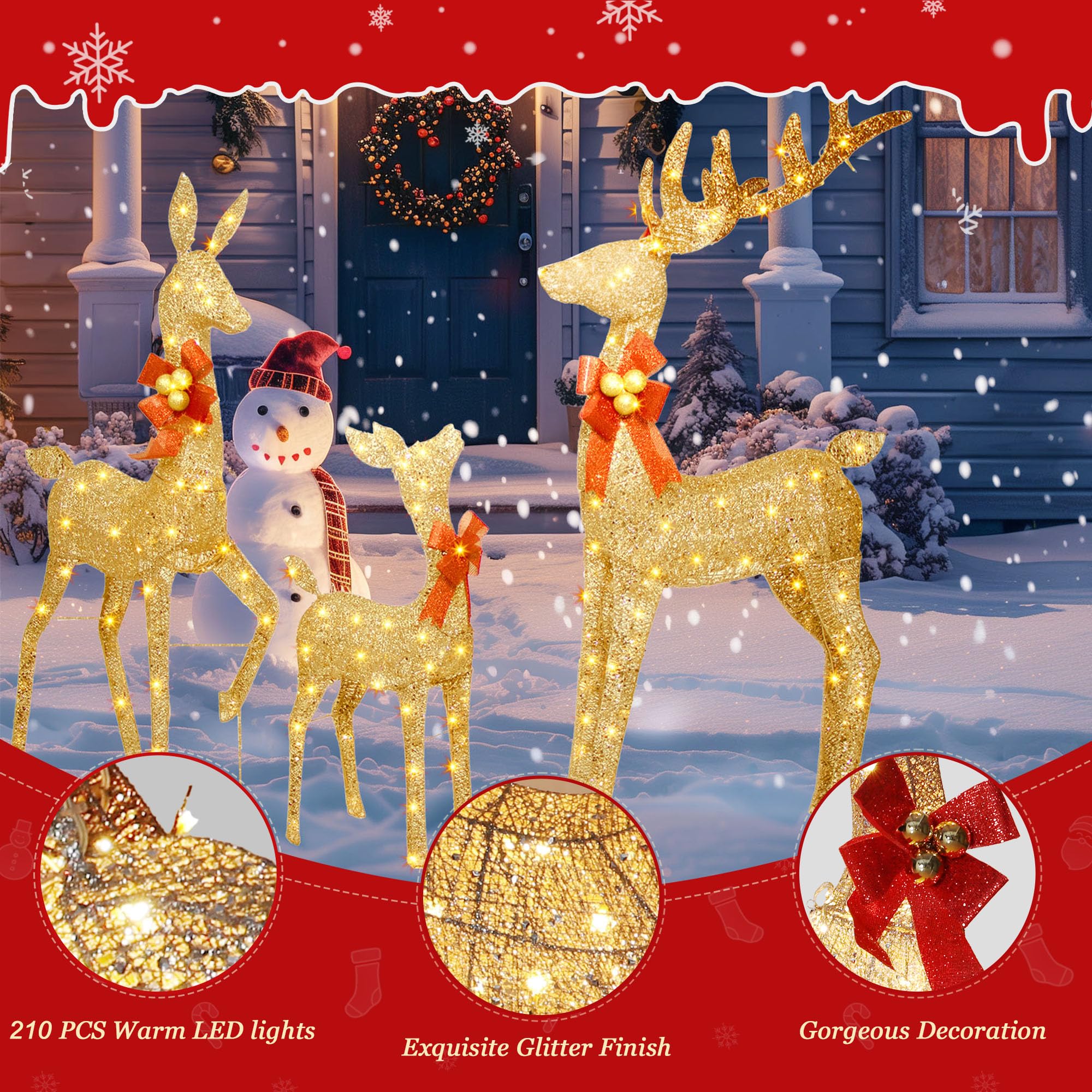 Cervi natalizi illuminati per esterni, 3 pezzi, renne illuminate, decorazioni natalizie per esterni, 137 cm, decorazioni natalizie per esterni per la casa, oro, 210 luci a LED