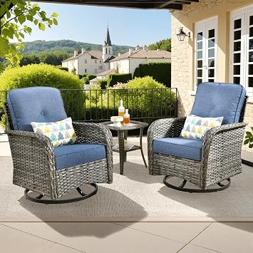 ovios 3-Piece Patio Furniture Set, Outdoor Wicker Sofa with Swivel Chairs Side Table, High Back Rattan Gliders Rocker with Comfy Cushions for Porch Yard Deck, Denim Blue