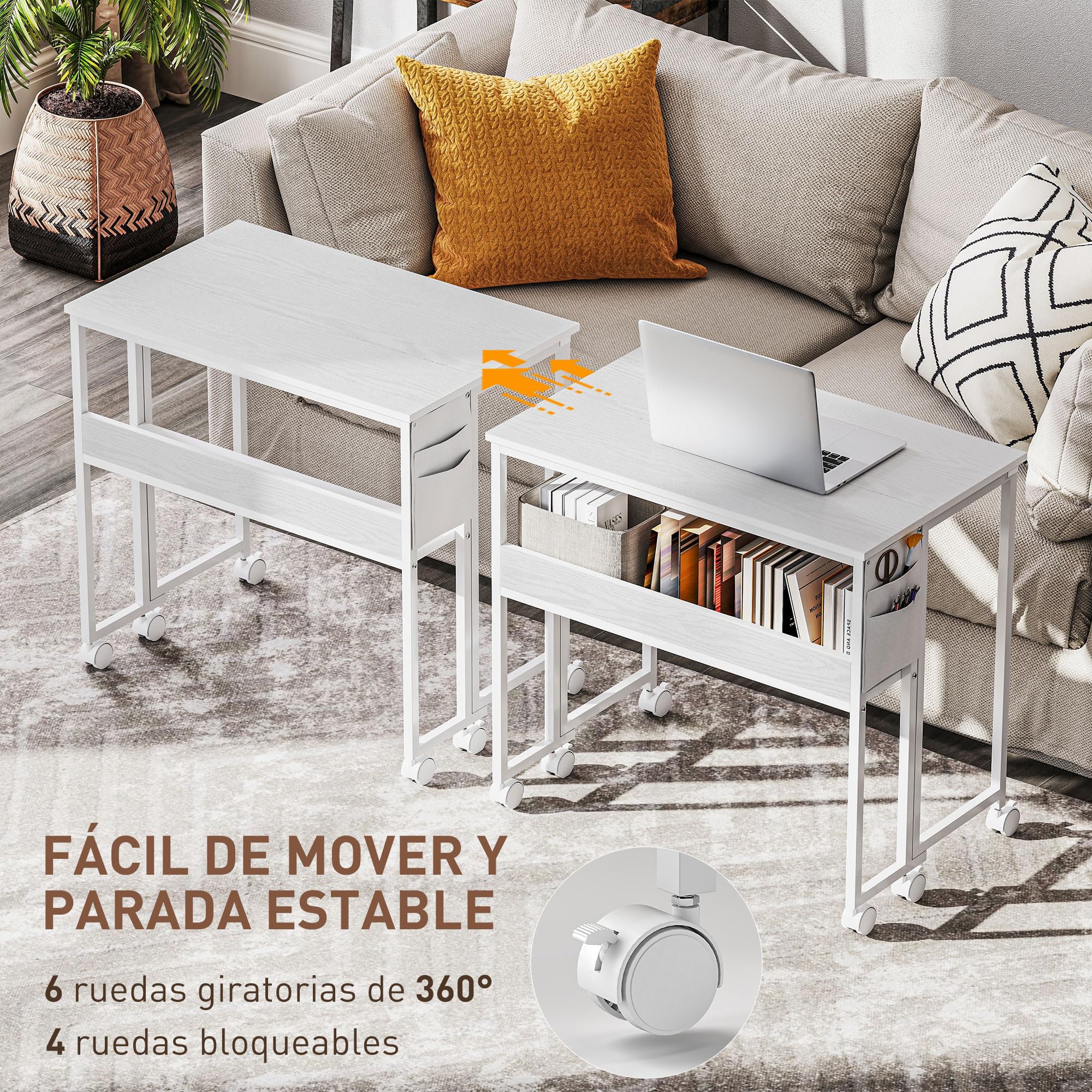 HOMCOM Escritorio Plegable con Ruedas y Estante Casa 80x50x75 cm Blanco | Mesa Escritorio Compacta, Bolsillo de Almacenaje, Mesa de Ordenador Portátil, Oficina, Espacios Pequeños
