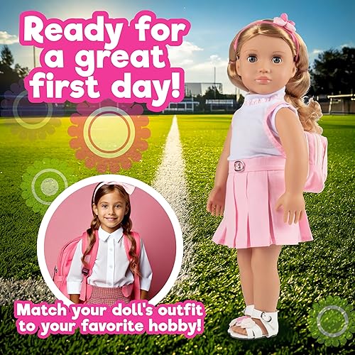 Miniatura 6 de Conjunto de 5 piezas de muñeca escolar casual de 18 pulgadas con mochila rosa, juego de ropa y accesorios estadounidenses que incluye camisa, falda,