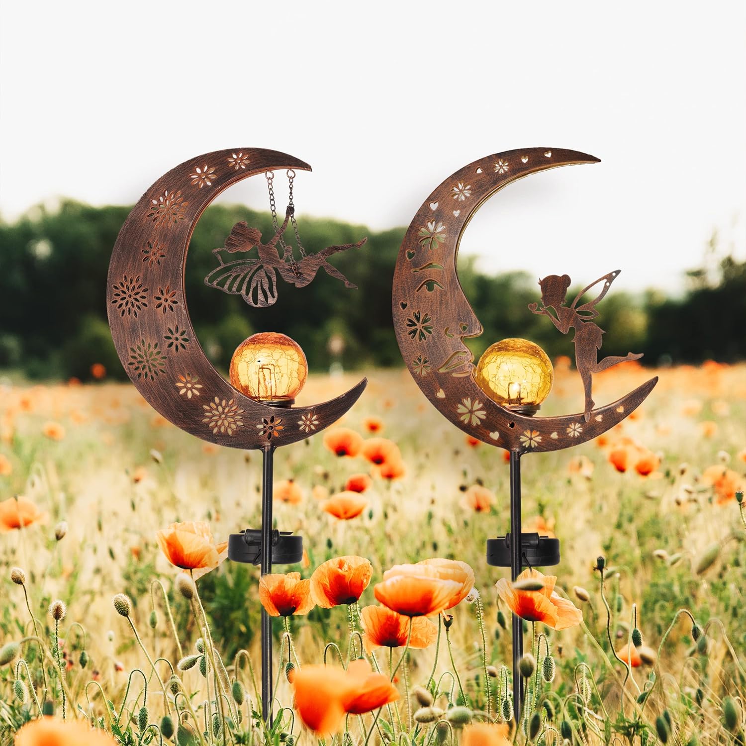 TERESA'S COLLECTIONS 2 Pcs Fairy Moon Garden Accessories for Yard Decorations Outdoor, Solar Lights for Garden Decor Outside, 40" Metal Yard Stake Pathway Lights for Patio, Gift for Christmas