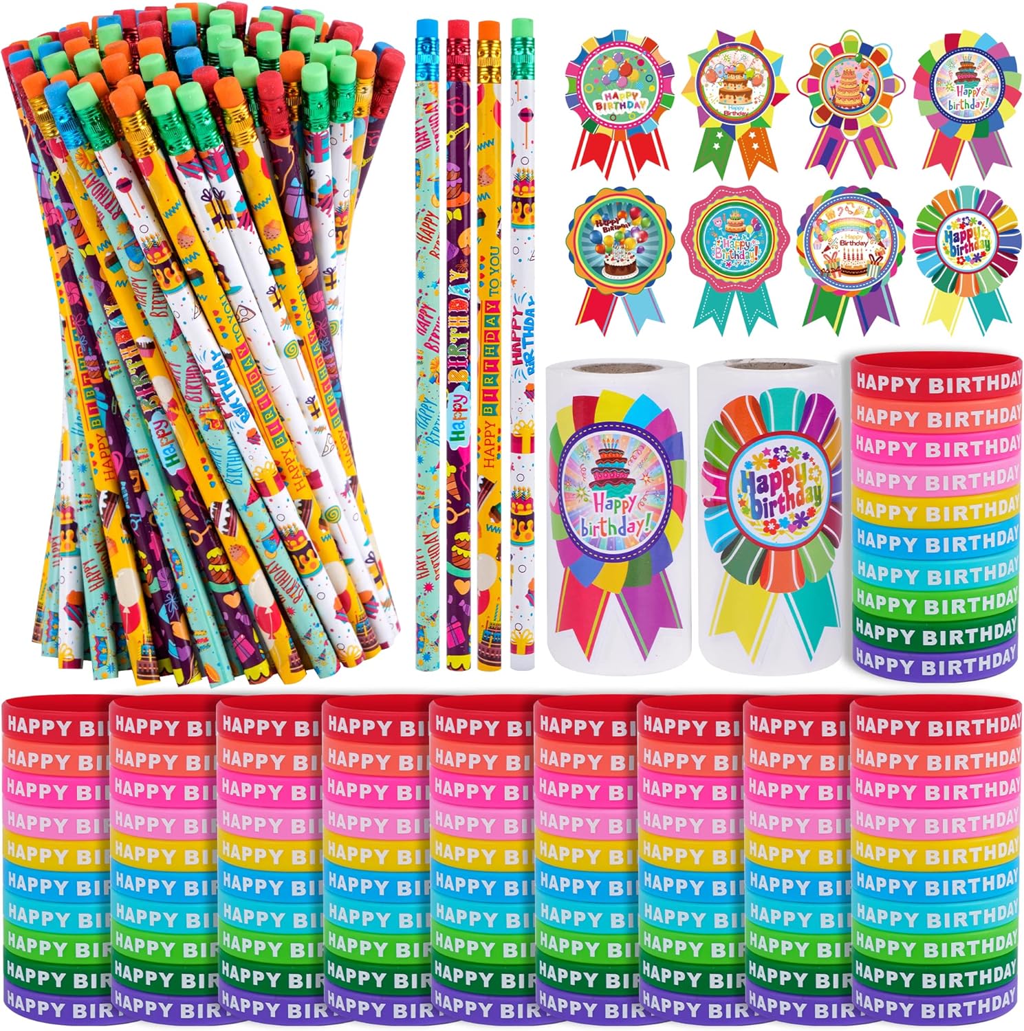 Kolewo4ever 400 Pieces Happy Birthday Gifts Set,100 Birthday Pencils and 200 Badge Sticker for Teachers Classrooms Reward