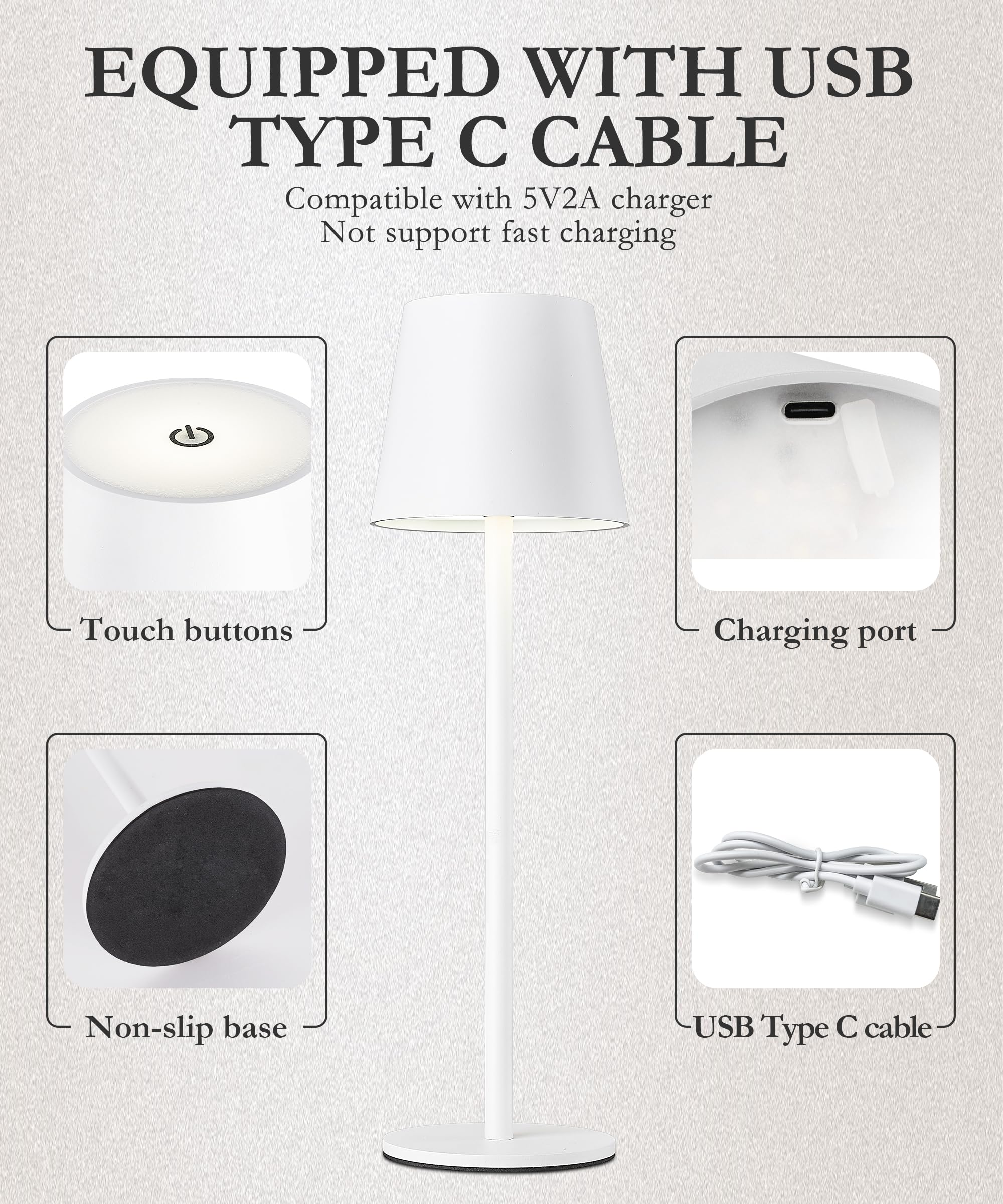 Lámpara de mesa inalámbrica recargable, paquete de 2 lámparas que funcionan con pilas de 5200 mAh, IP54, impermeable, lámpara inalámbrica con 3 modos de color, control táctil, luz nocturna