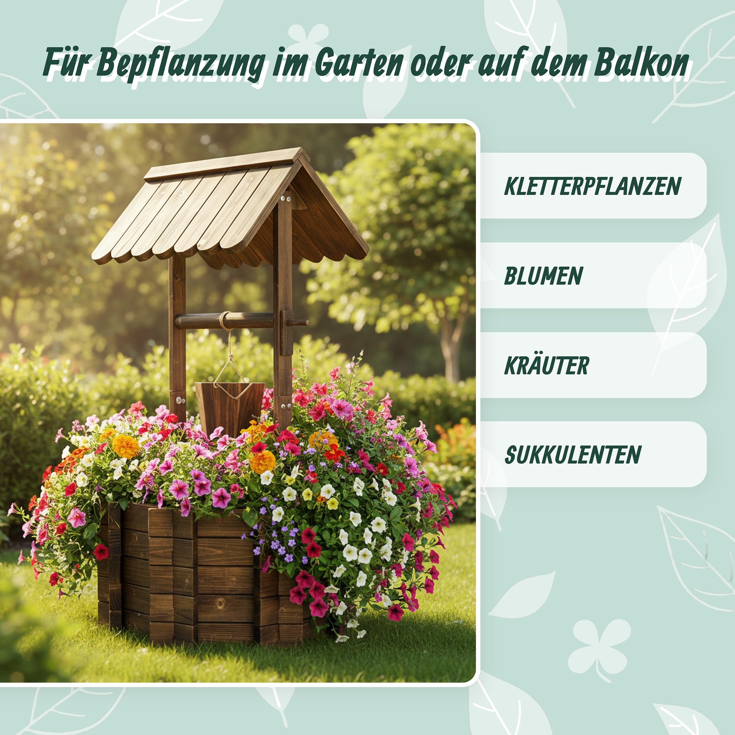 Relaxdays Zierbrunnen, bepflanzbarer Dekobrunnen, Gartendeko, Eimer & Kurbel, HBT 114 x 56 x 56 cm, Holzbrunnen, braun