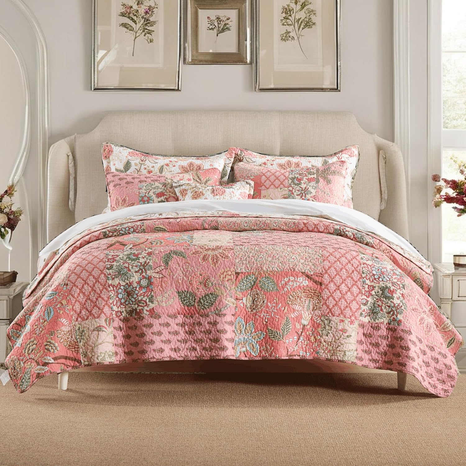 Lamberia 3 Pcs Cotton Quilt Set Real Patchwork Pink Floral Romantic Reversible Bedspread Beautiful Bedding Quilt Set with Real Stitched Embroidery Queen Size Kingsize California King Size (Queen)
