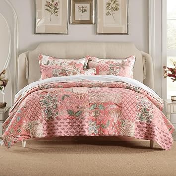 Lamberia 3 Pcs Cotton Quilt Set Real Patchwork Pink Floral Romantic Reversible Bedspread Beautiful Bedding Quilt Set with Real Stitched Embroidery Queen Size Kingsize California King Size King