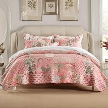 Lamberia 3 Pcs Cotton Quilt Set Real Patchwork Pink Floral Romantic Reversible Bedspread Beautiful Bedding Quilt Set with Real Stitched Embroidery Queen Size Kingsize California King Size Queen