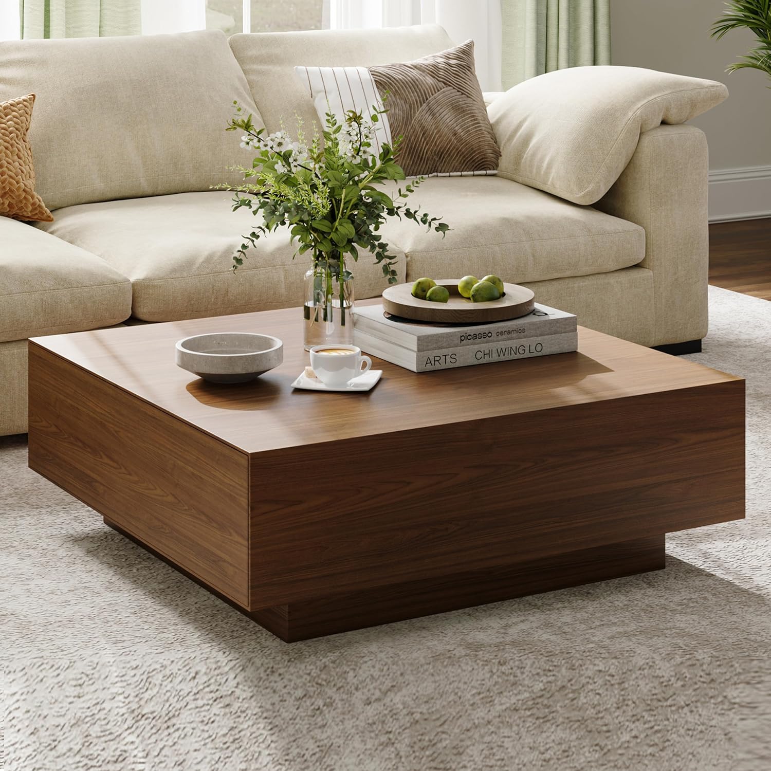 POVISON Modern Square Coffee Table with Storage, 39.37" Wood Coffee Table for Living Room Home Office, Fully-Assembled Walnut