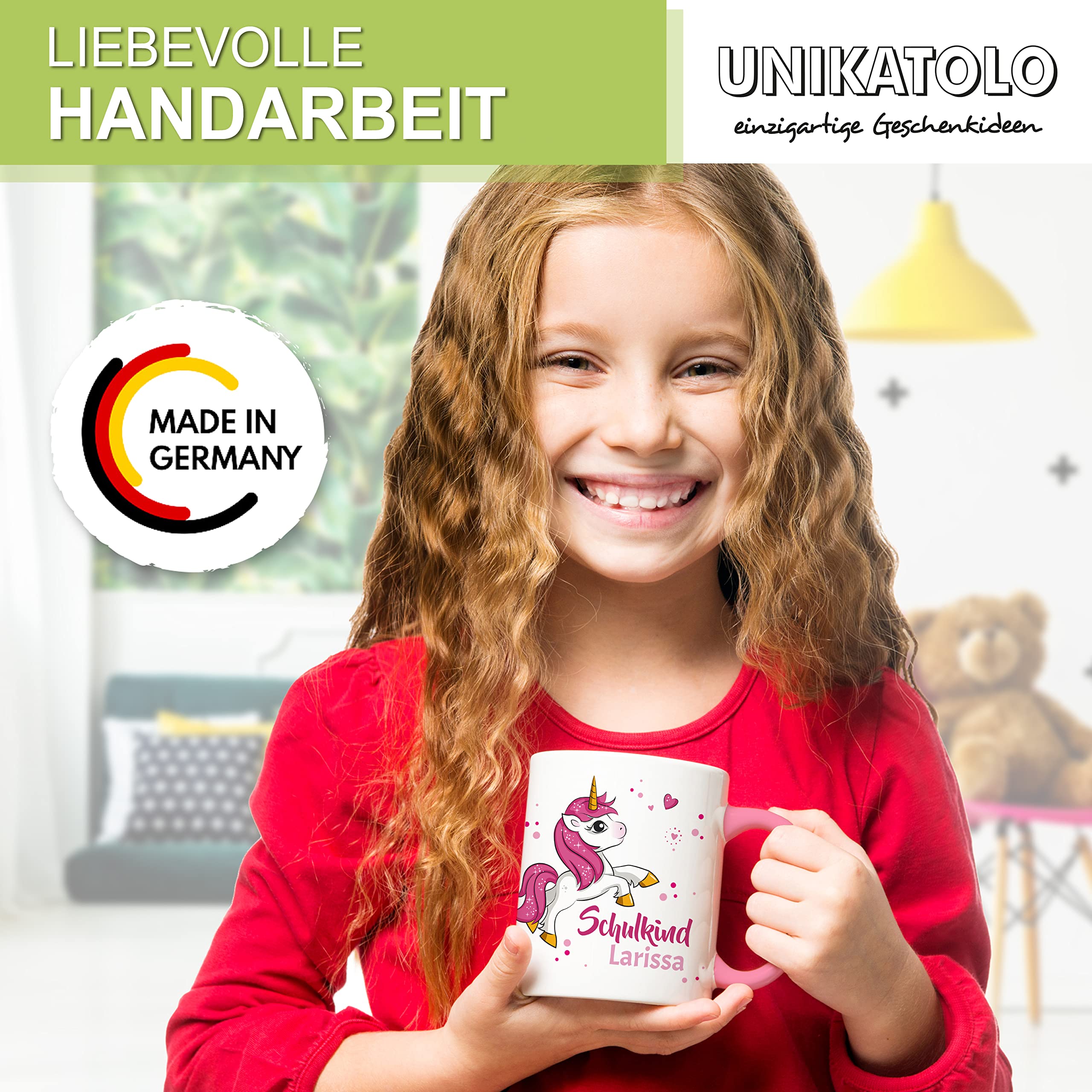Tasse Schulkind mit Name personalisiert Geschenk Schulanfang Namenstasse Schulstart Kinder Schultüte Erste Klasse Mädchen Einschulung Zuckertüte Kleinigkeit Mitbringsel (Einhorn pink)