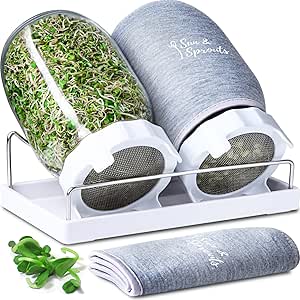 Sun &amp; Sprouts The Original Complete Sprouting Kit - 2 Large Wide-Mouth Mason Jars, Premium Screen lids, Blackout Sleeves, Tray, Sprouter Stand - for Growing Broccoli, Mung Bean, Alfalfa from Seed