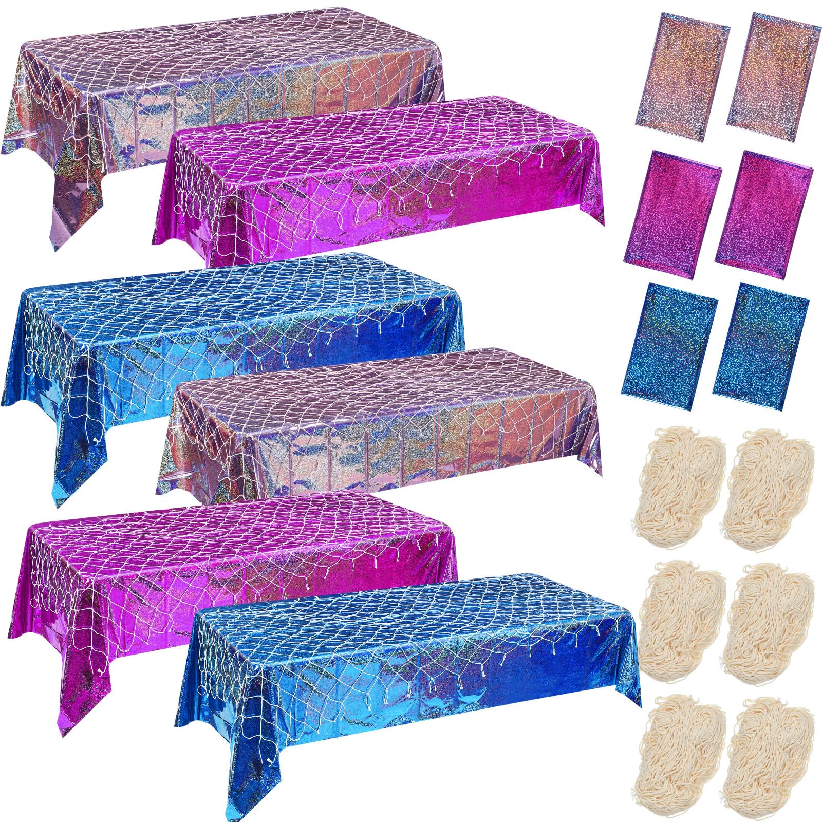 Oudain 12 Pcs Mermaid Tablecloth Fish Net and Iridescent Plastic Table Cloth Decorations Set for Mermaid Birthday Decorations,Ocean Summer Sea Theme