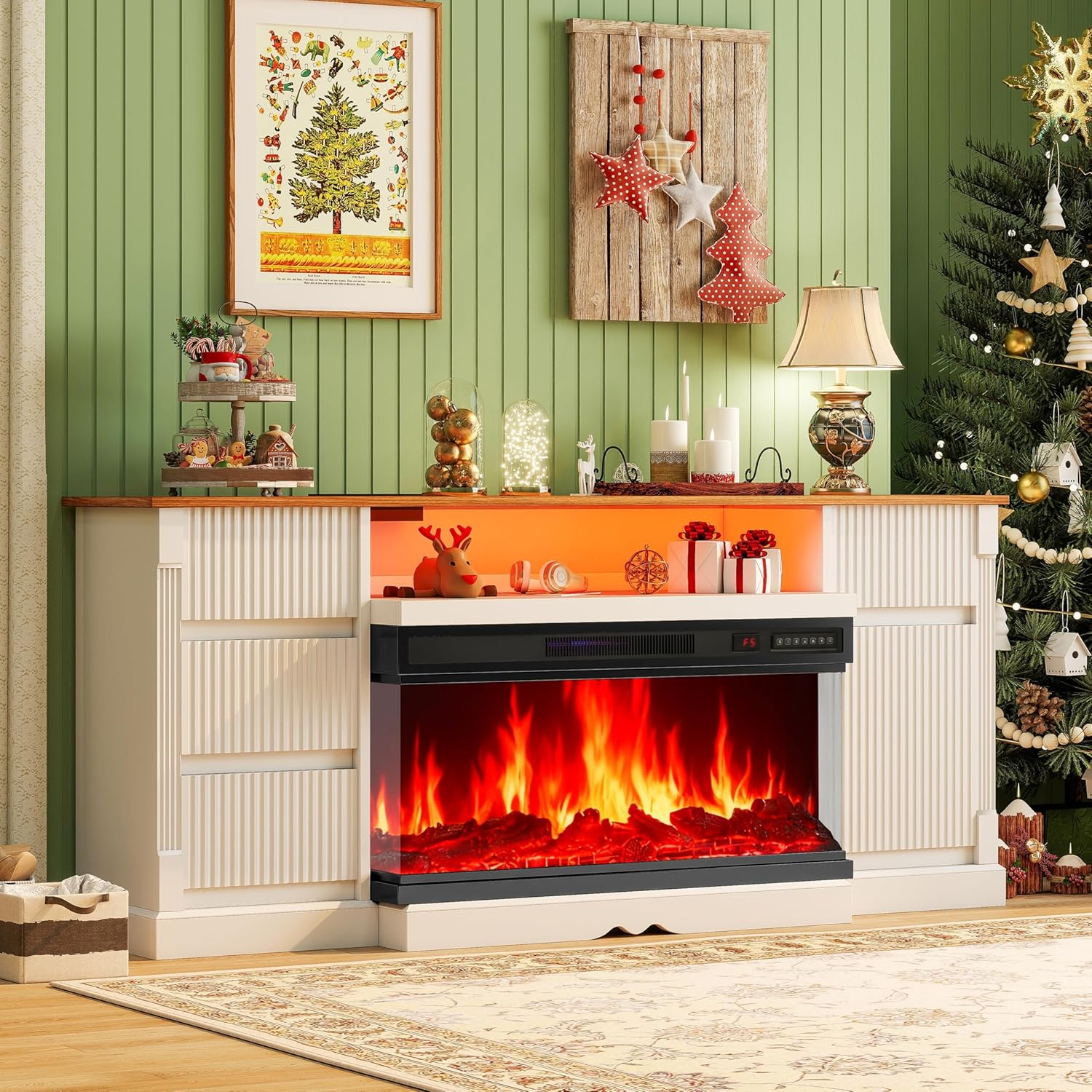 Large 70" Fireplace TV Stand for Big Screen TVs up to 80", 3-Sided Glass Entertainment Center with 36" Realistic 3D Fireplace, Multi-Color LED Lights & Hidden Storage Cabinets for Living Room