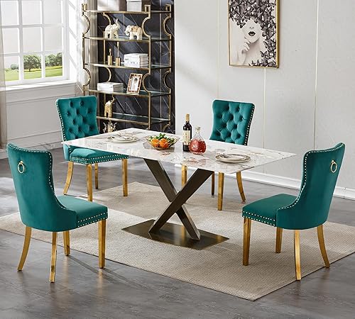 Juego de mesa de comedor de mármol blanco para 4, 70 pulgadas, mesa de comedor de mármol blanco con 4 sillas de terciopelo verde y base de acero al