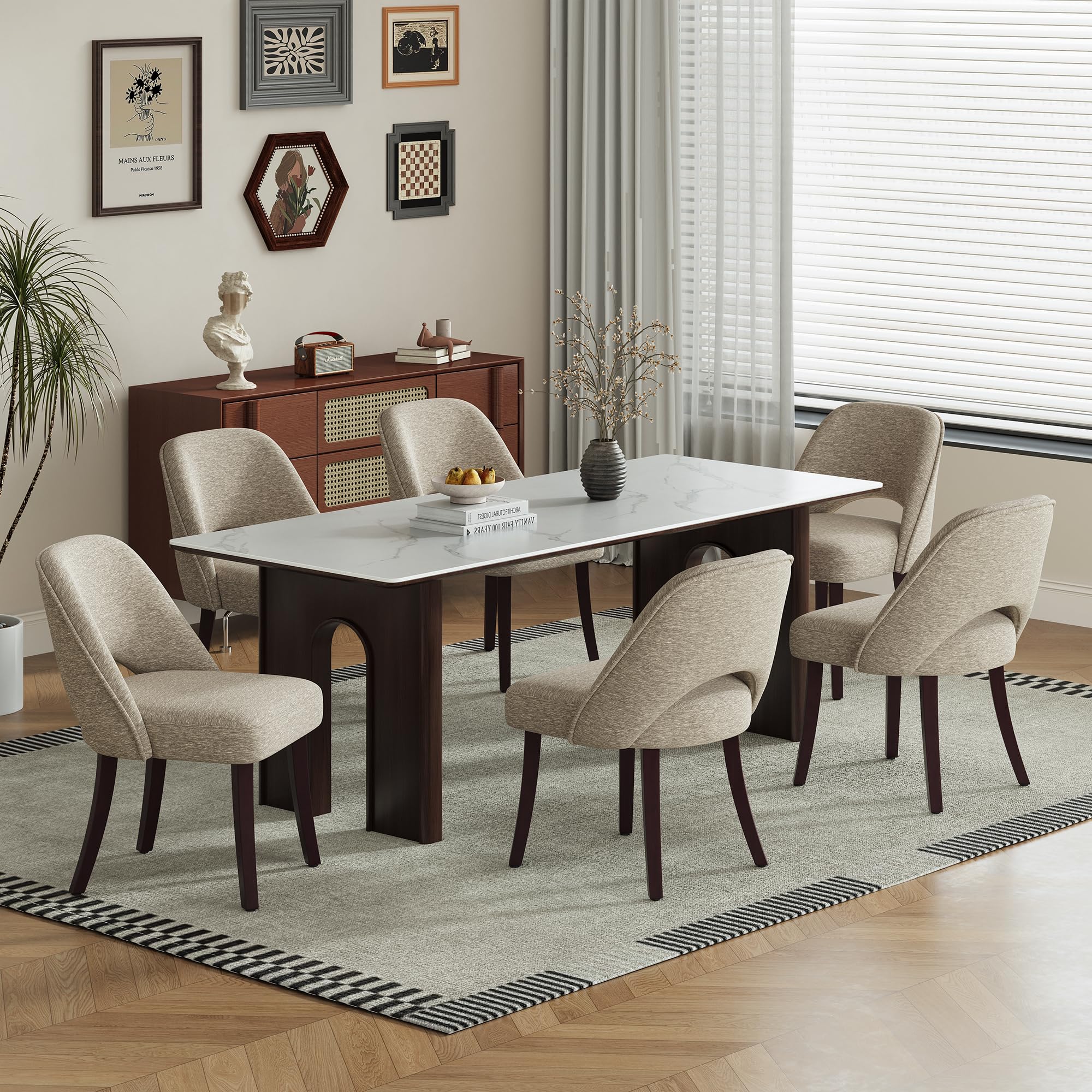 MALOL Lot de 6 chaises de Salle à Manger rembourrées en Tissu, Pieds en Bois Massif, Dossier incurvé et Assise épaisse en Mousse Haute densité, Design Moderne pour Cuisine et Salle à Manger, Kaki